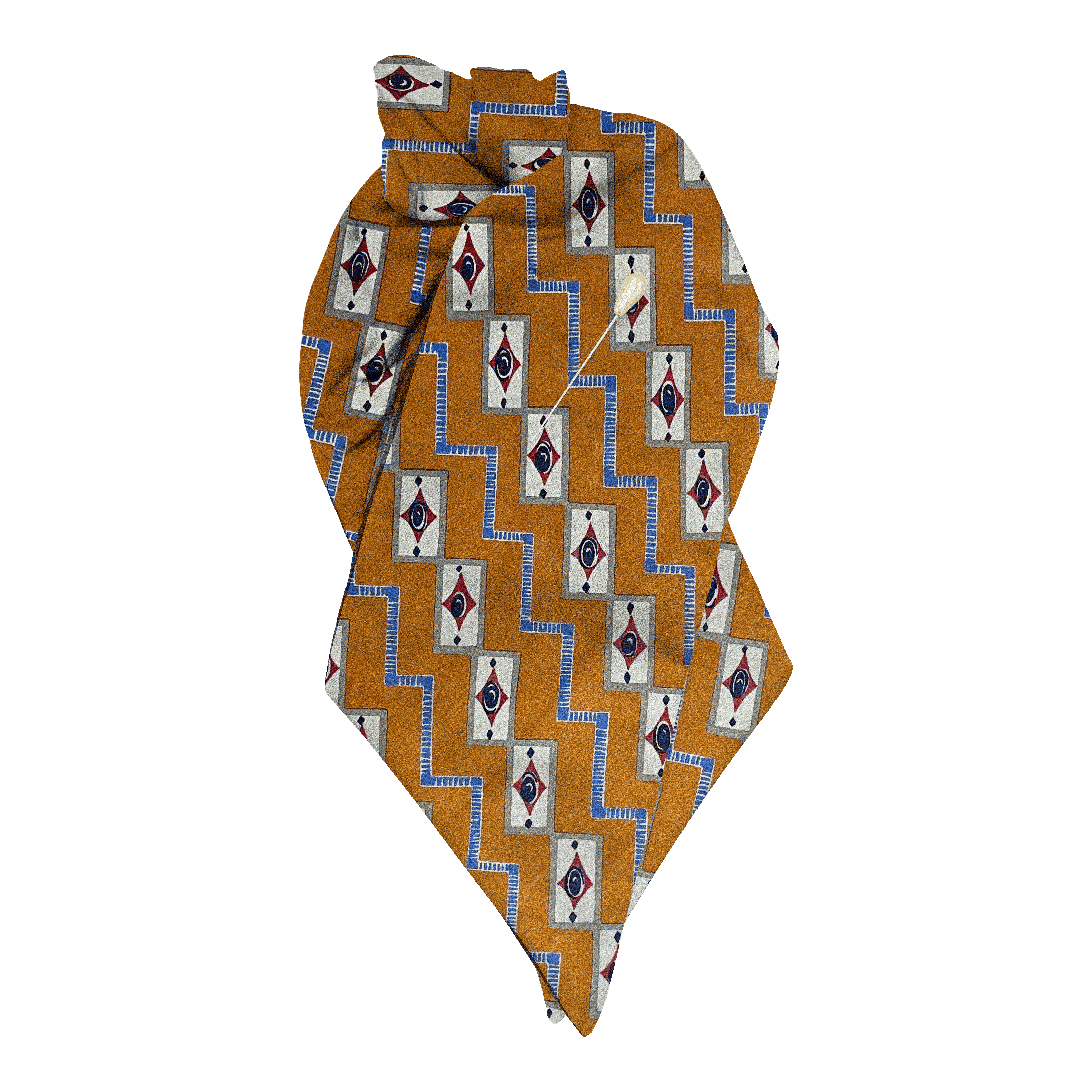 [PL-N-60-6480] Plastron aus Seide, Stoff: gemustert in beige und blau auf dunkelocker (6480) (mit Nadel)