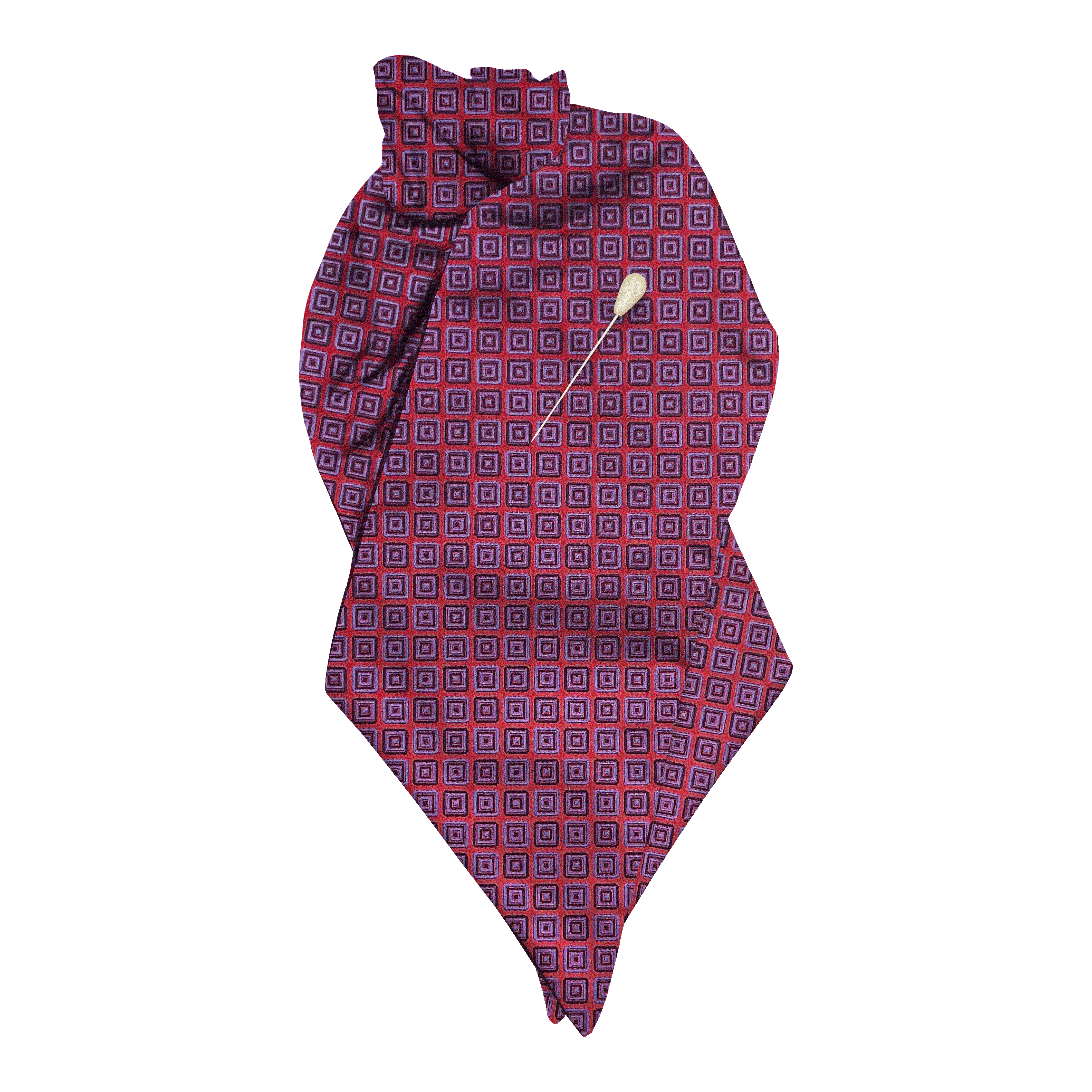 [PL-N-70-7372] Plastron aus Seide, Stoff: geometrisch gemustert schwarz und blau auf rot (7372) (mit Nadel)