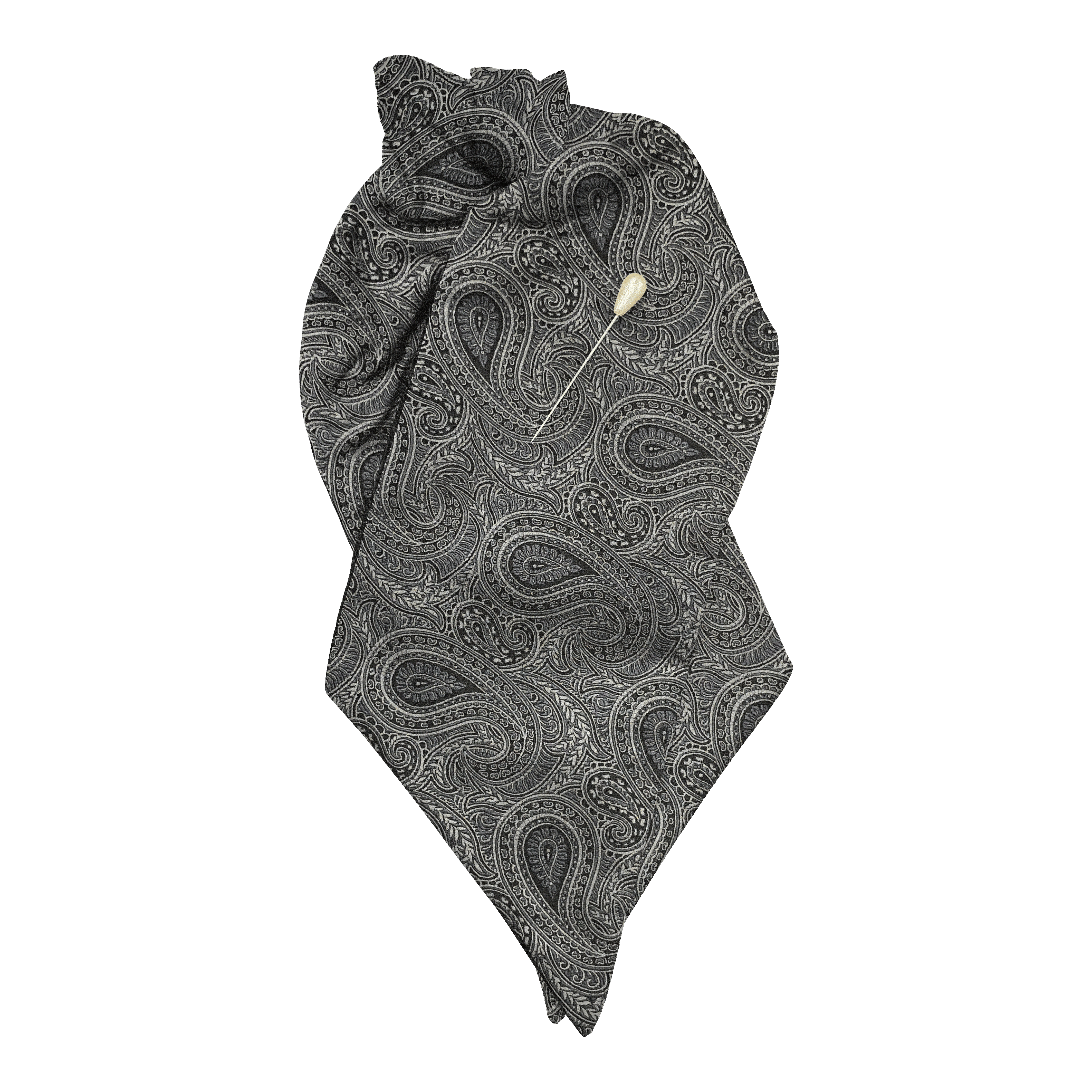 [PL-N-70-7247] Plastron aus Seide, Stoff: graues Paisley auf schwarz (7247) (mit Nadel)