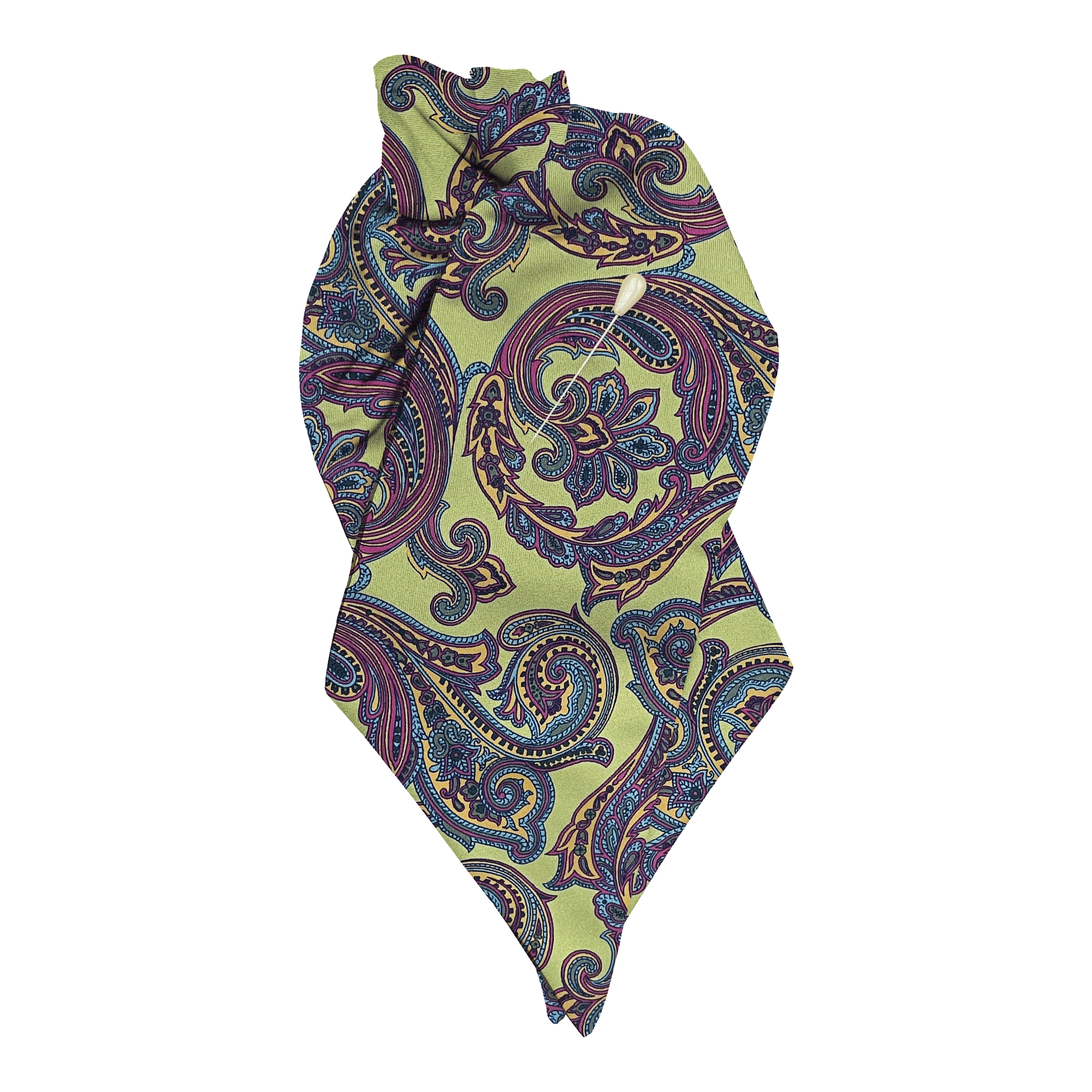 [PL-N-60-6753] Plastron aus Seide, Stoff: großes mehrfarbiges Paisley auf grün (6753) (mit Nadel)
