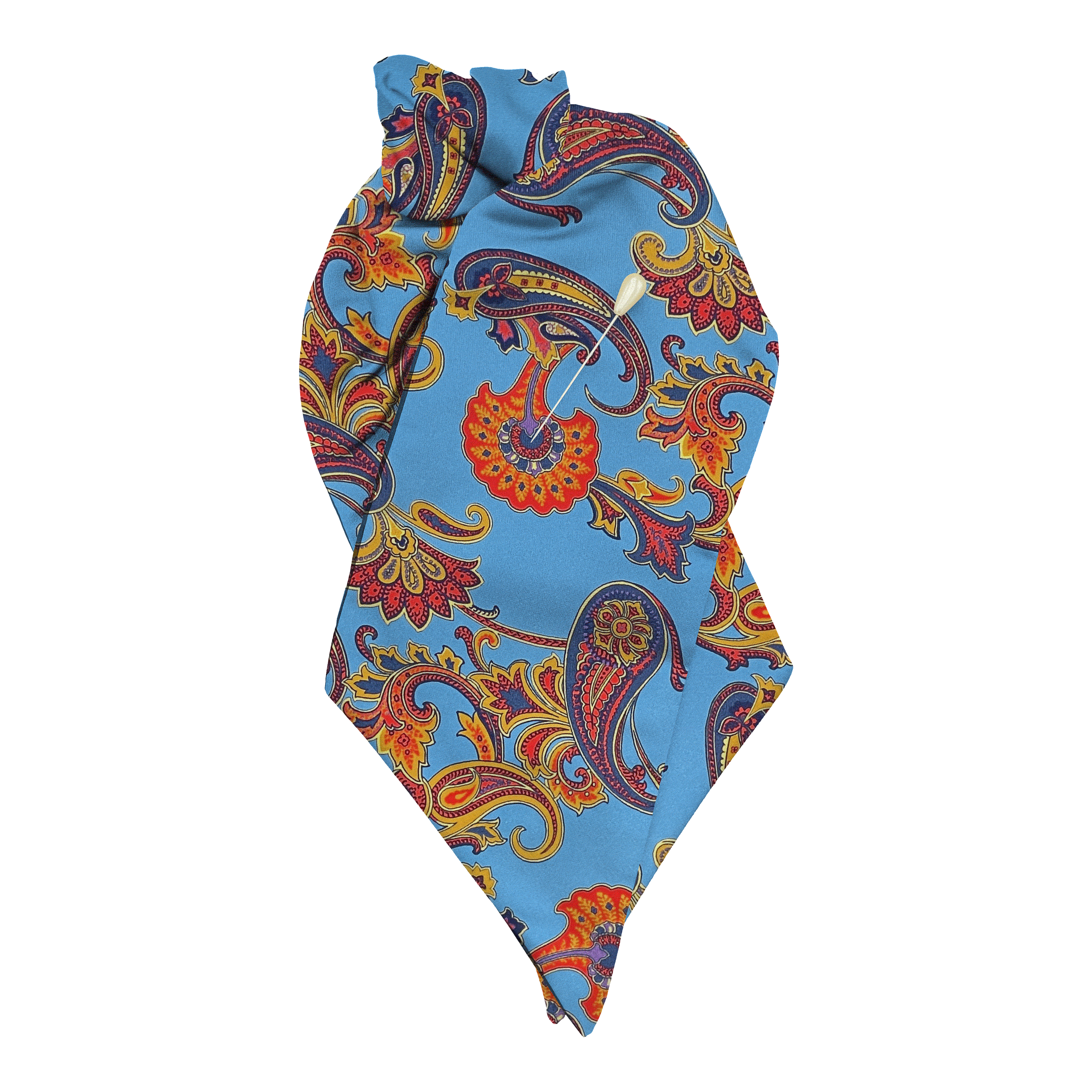[PL-N-60-6843] Plastron aus Seide, Stoff: großes mehrfarbiges Paisley auf himmelblau (6843) (mit Nadel)
