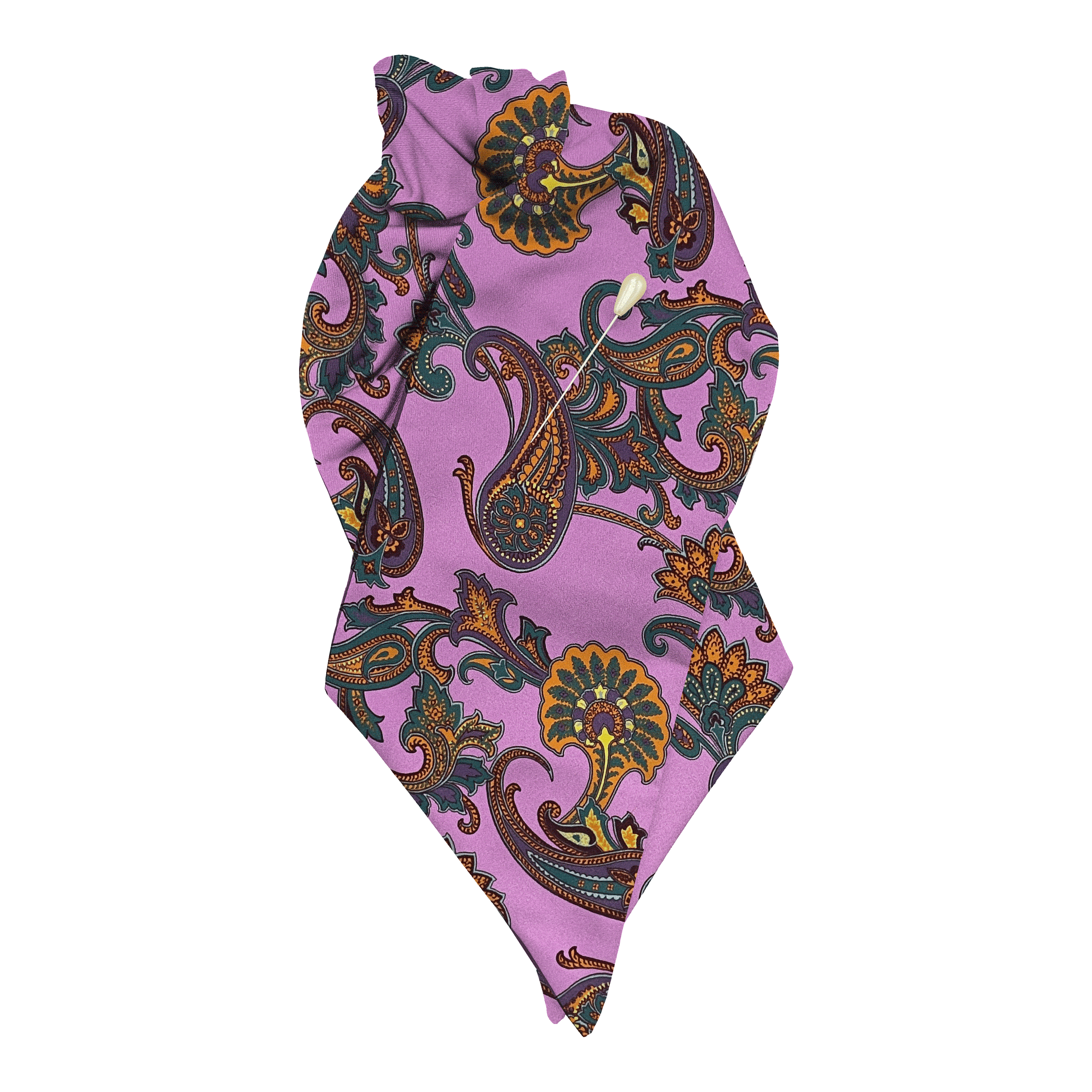 [PL-N-60-6845] Plastron aus Seide, Stoff: großes mehrfarbiges Paisley auf lila (6845) (mit Nadel)
