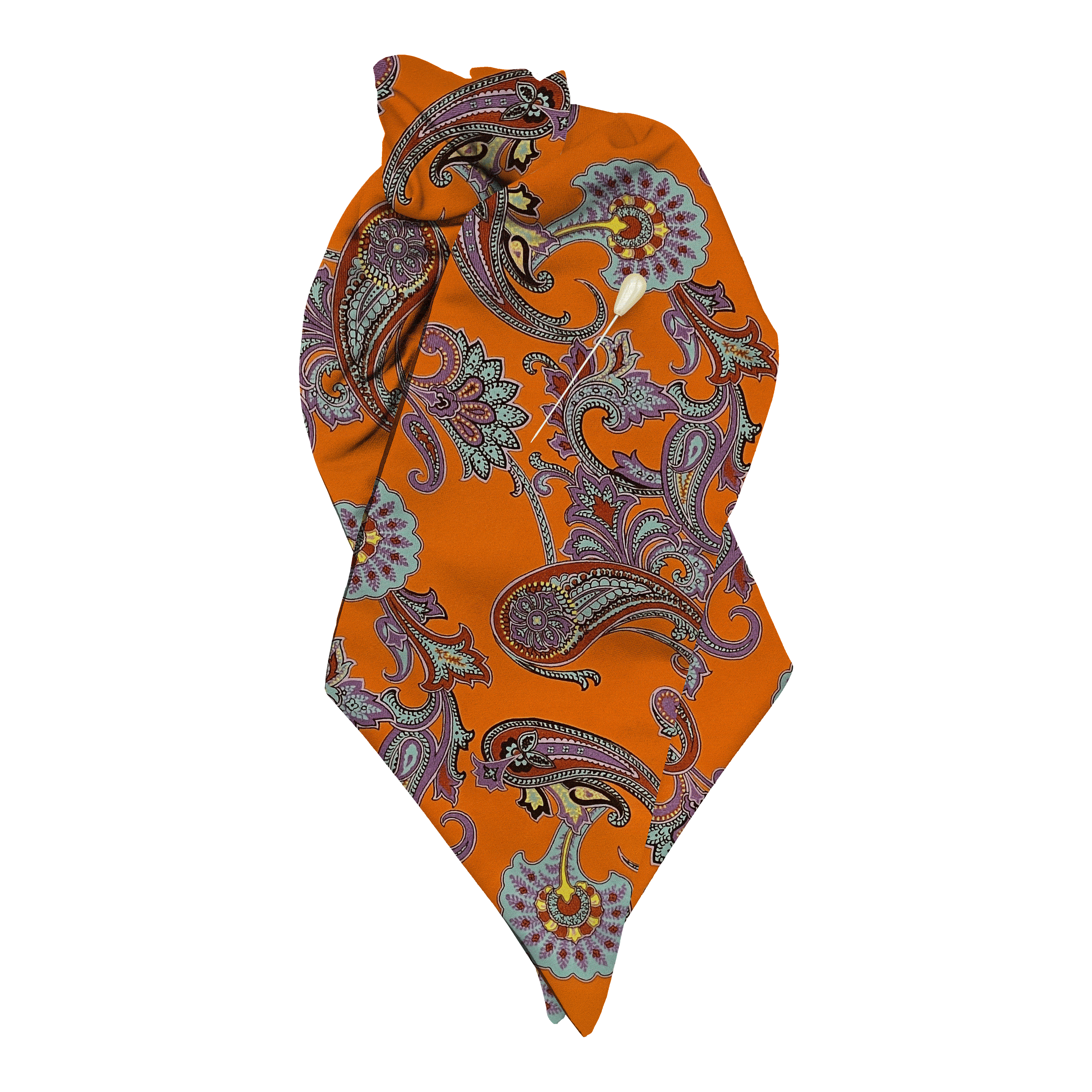 [PL-N-60-6842] Plastron aus Seide, Stoff: großes mehrfarbiges Paisley auf organge (6842) (mit Nadel)