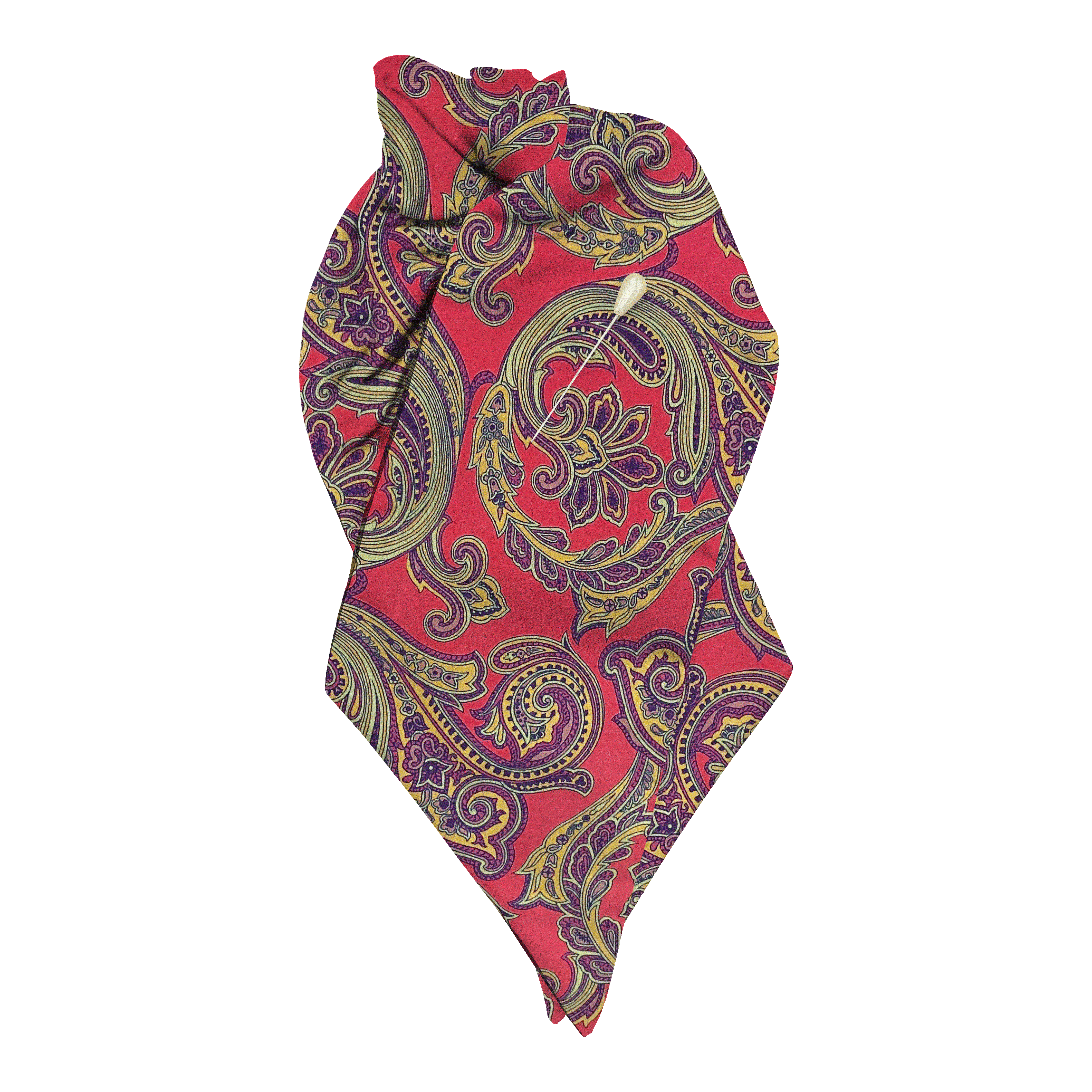 [PL-N-60-6752] Plastron aus Seide, Stoff: großes mehrfarbiges Paisley auf rot (6752) (mit Nadel)