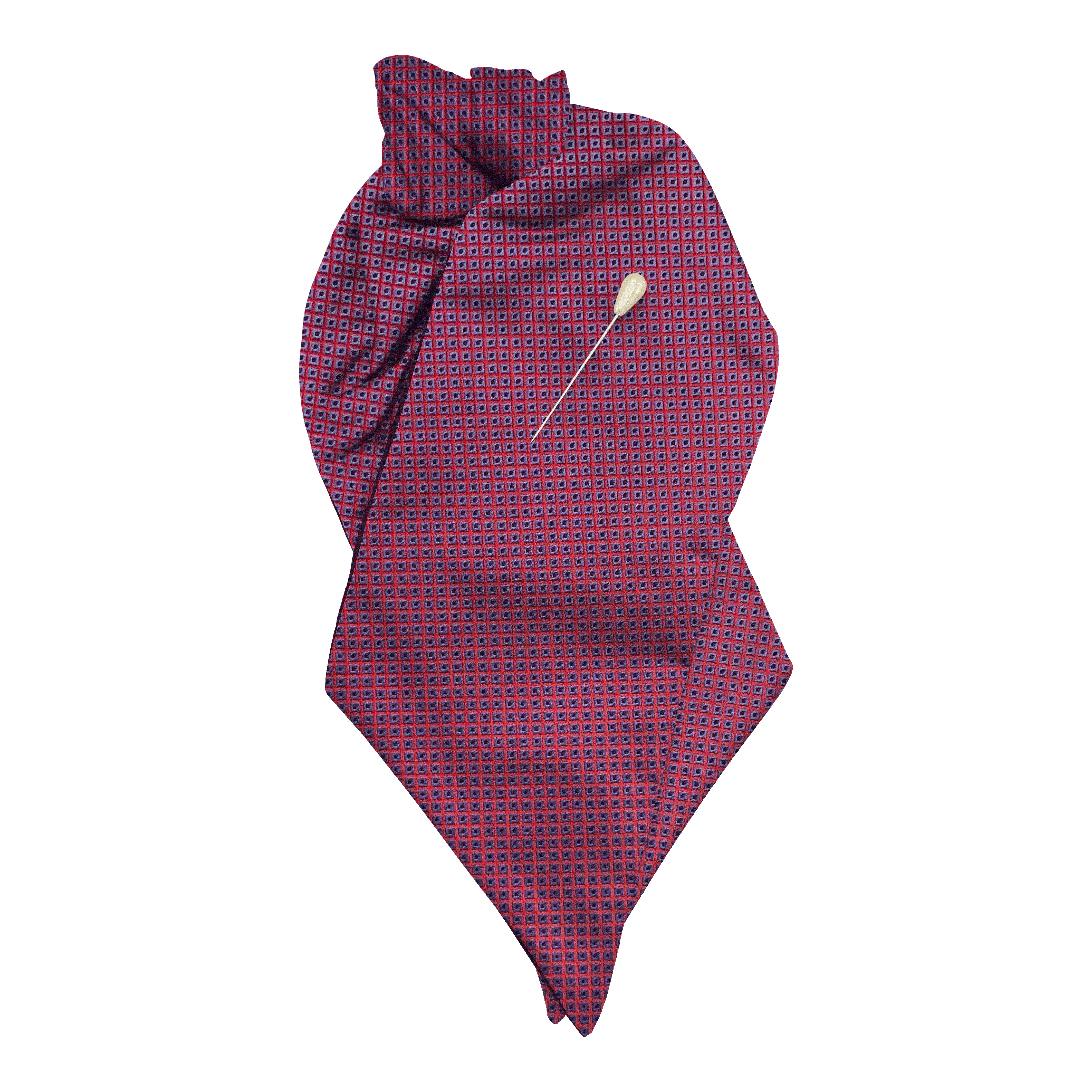 [PL-N-70-7047] Plastron aus Seide, Stoff: kleine blaue Quadrate auf rot (7047) (mit Nadel)