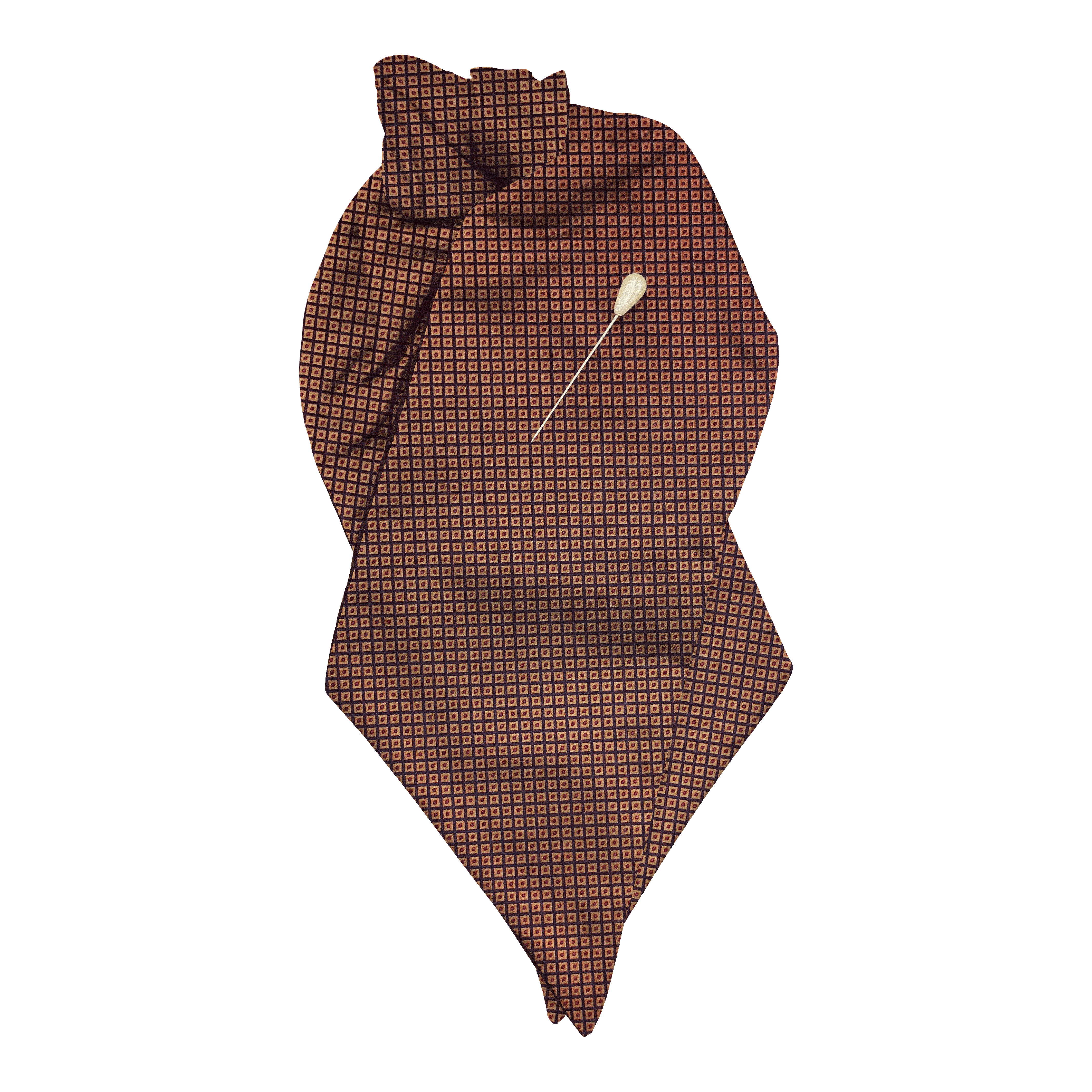[PL-N-70-7051] Plastron aus Seide, Stoff: kleine orangene Quadrate auf dunkelblau (7051) (mit Nadel)