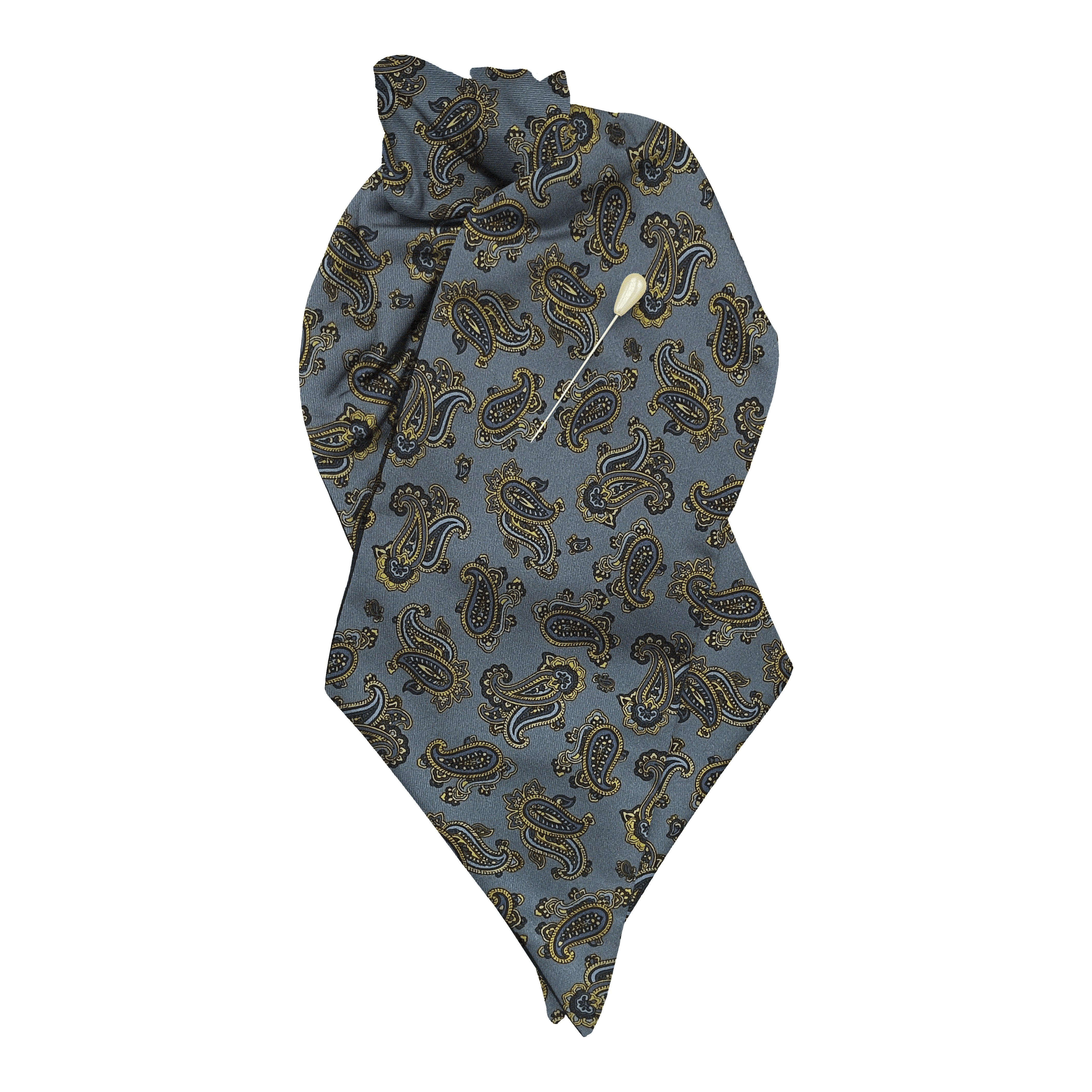 [PL-N-60-6500] Plastron aus Seide, Stoff: kleines Paisley in blau und gelb auf hellblau (6500) (mit Nadel)