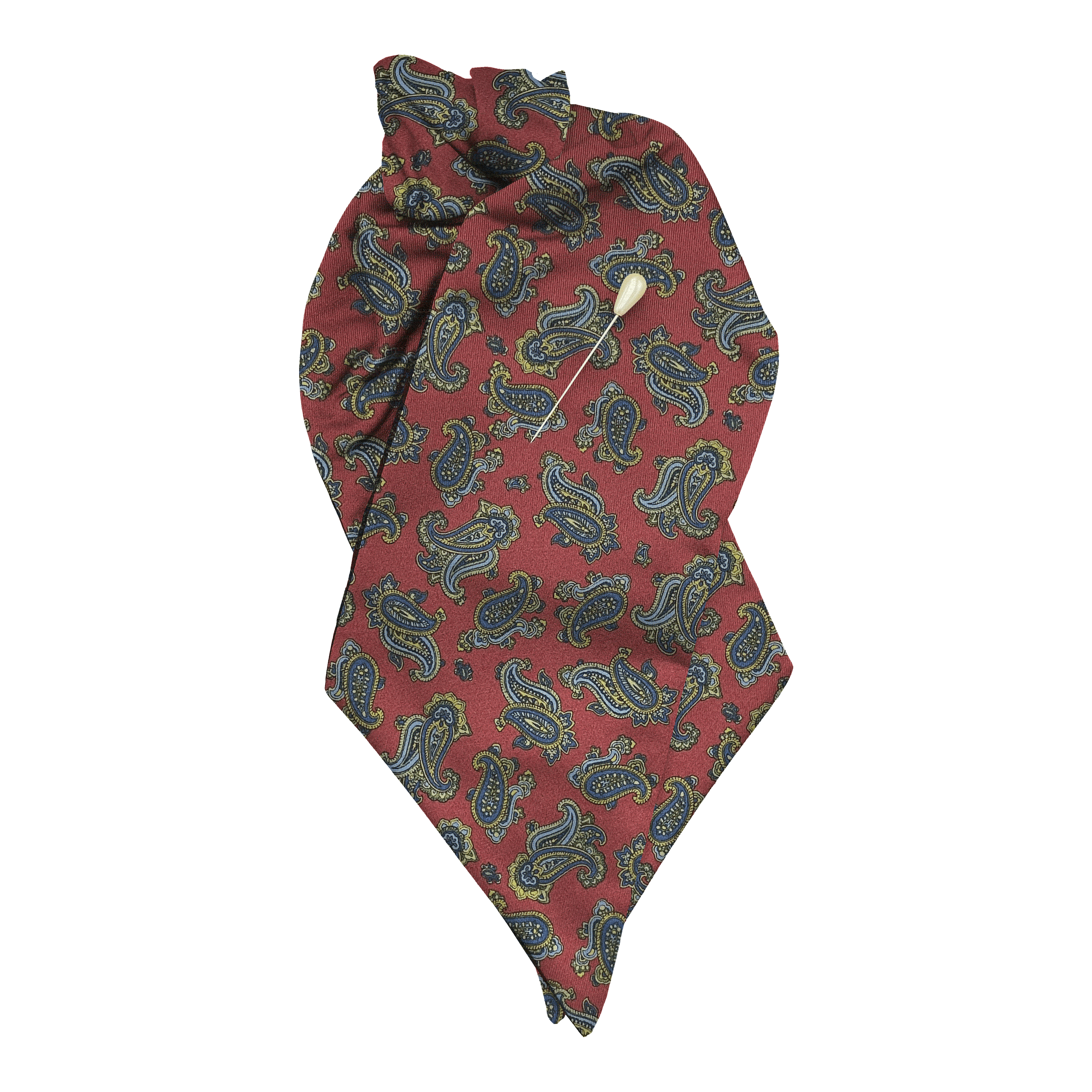 [PL-N-60-6501] Plastron aus Seide, Stoff: kleines Paisley in blau, gelb und grün auf bordeauxrot (6501) (mit Nadel)