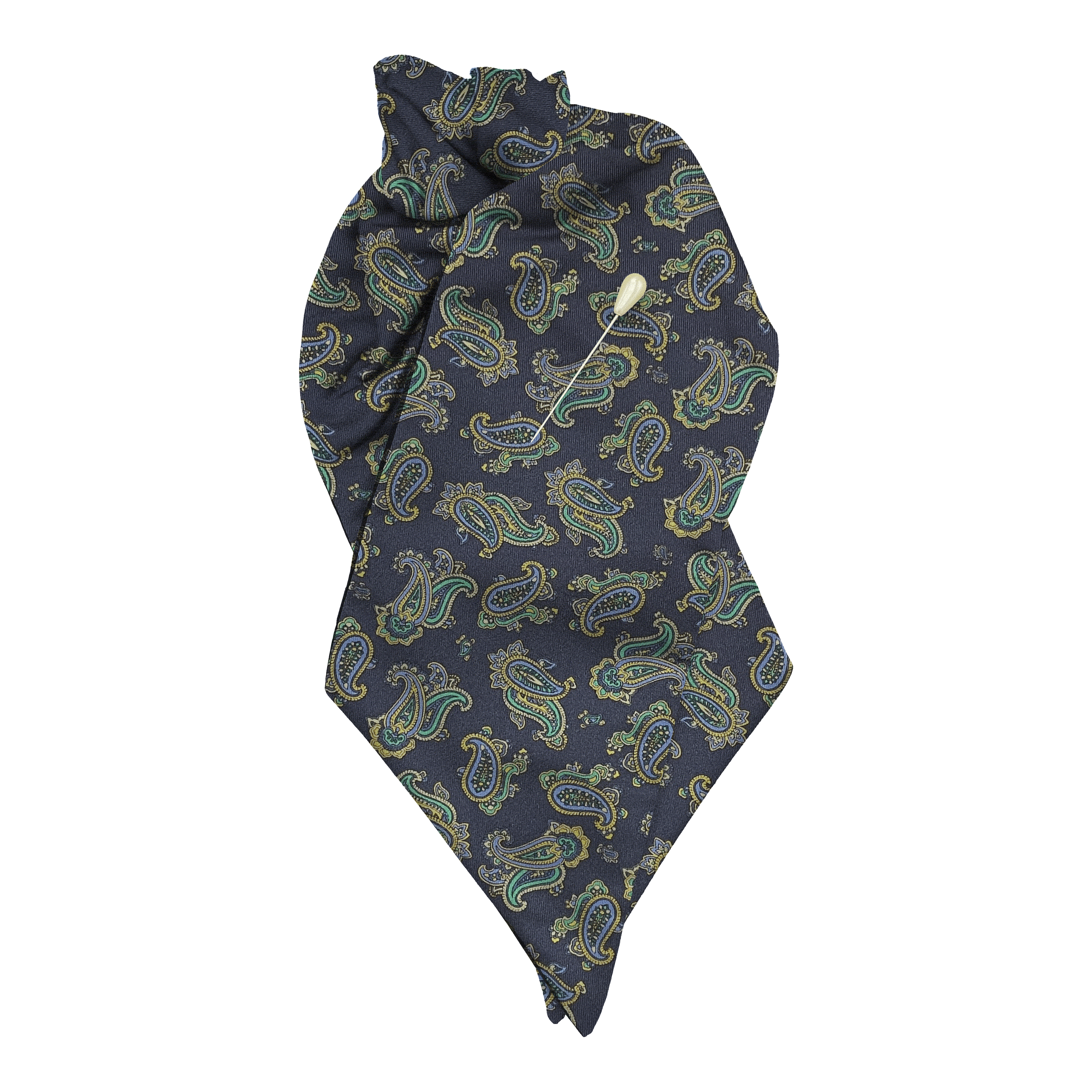 [PL-N-60-6499] Plastron aus Seide, Stoff: kleines Paisley in blau, grün und gelb auf dunkelblau (6499) (mit Nadel)