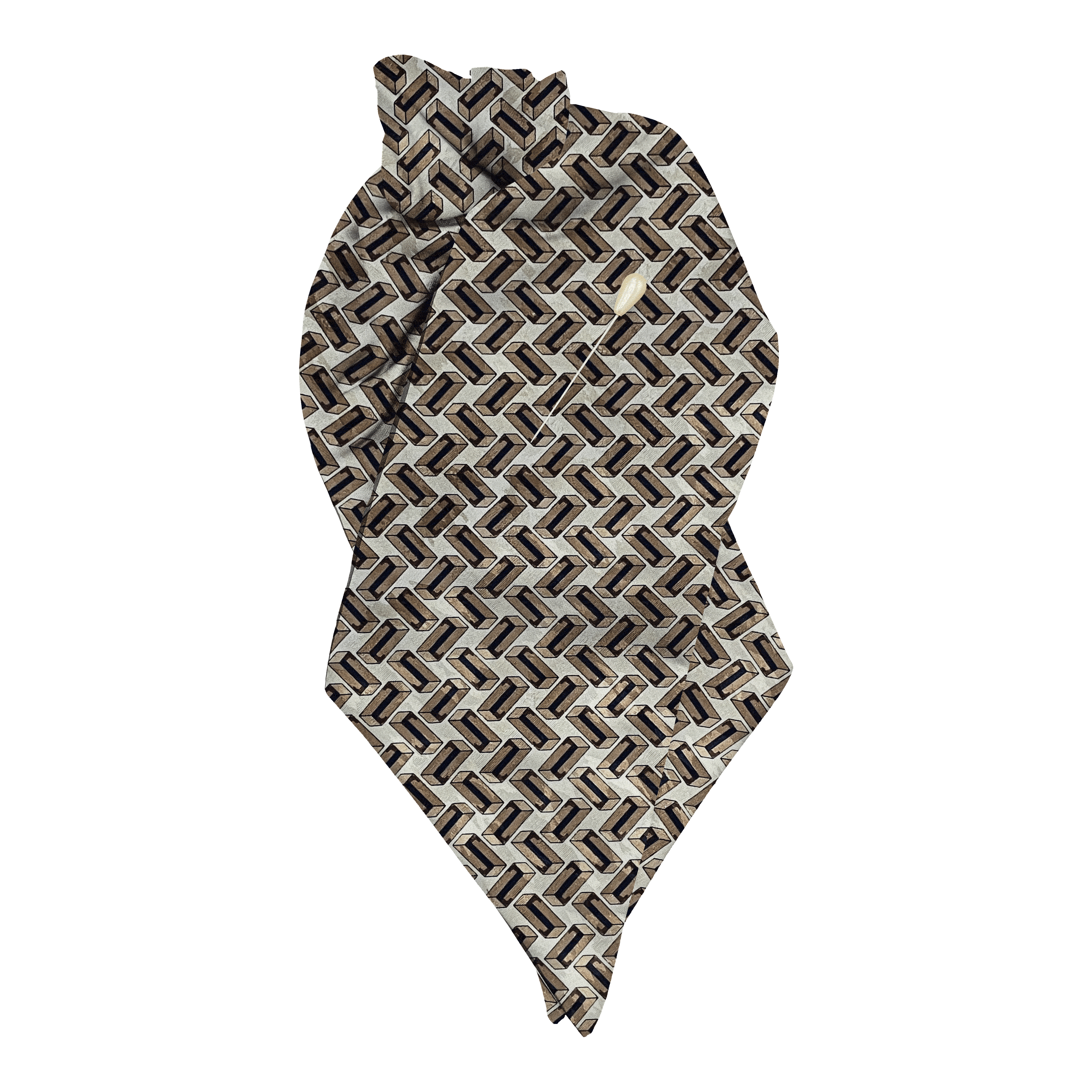 [PL-N-60-6400] Plastron aus Seide, Stoff: kubisch gemustert in ocker und braun (6400) (mit Nadel)