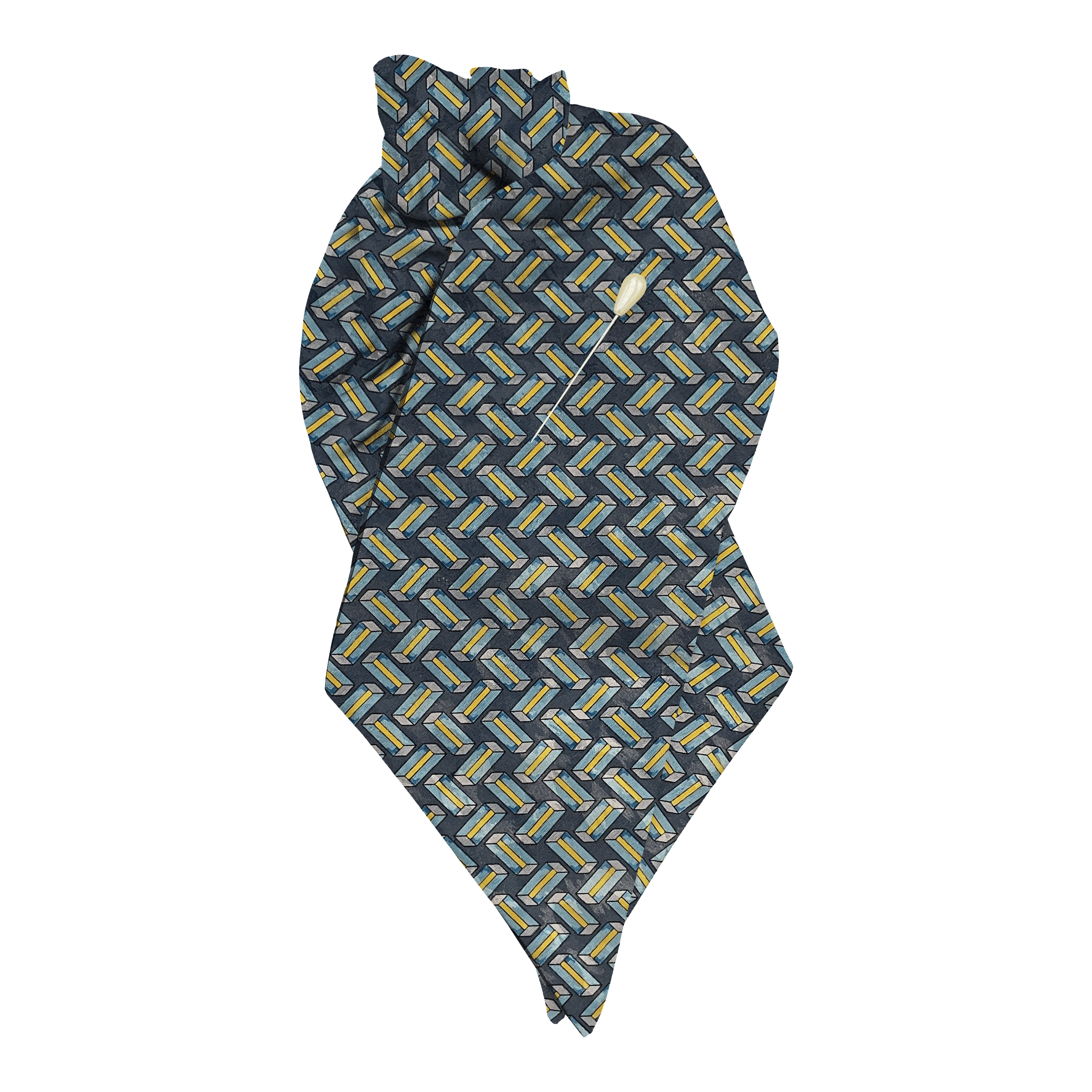 [PL-N-60-6399] Plastron aus Seide, Stoff: kubisch gemustert in türkis und gelb (6399) (mit Nadel)