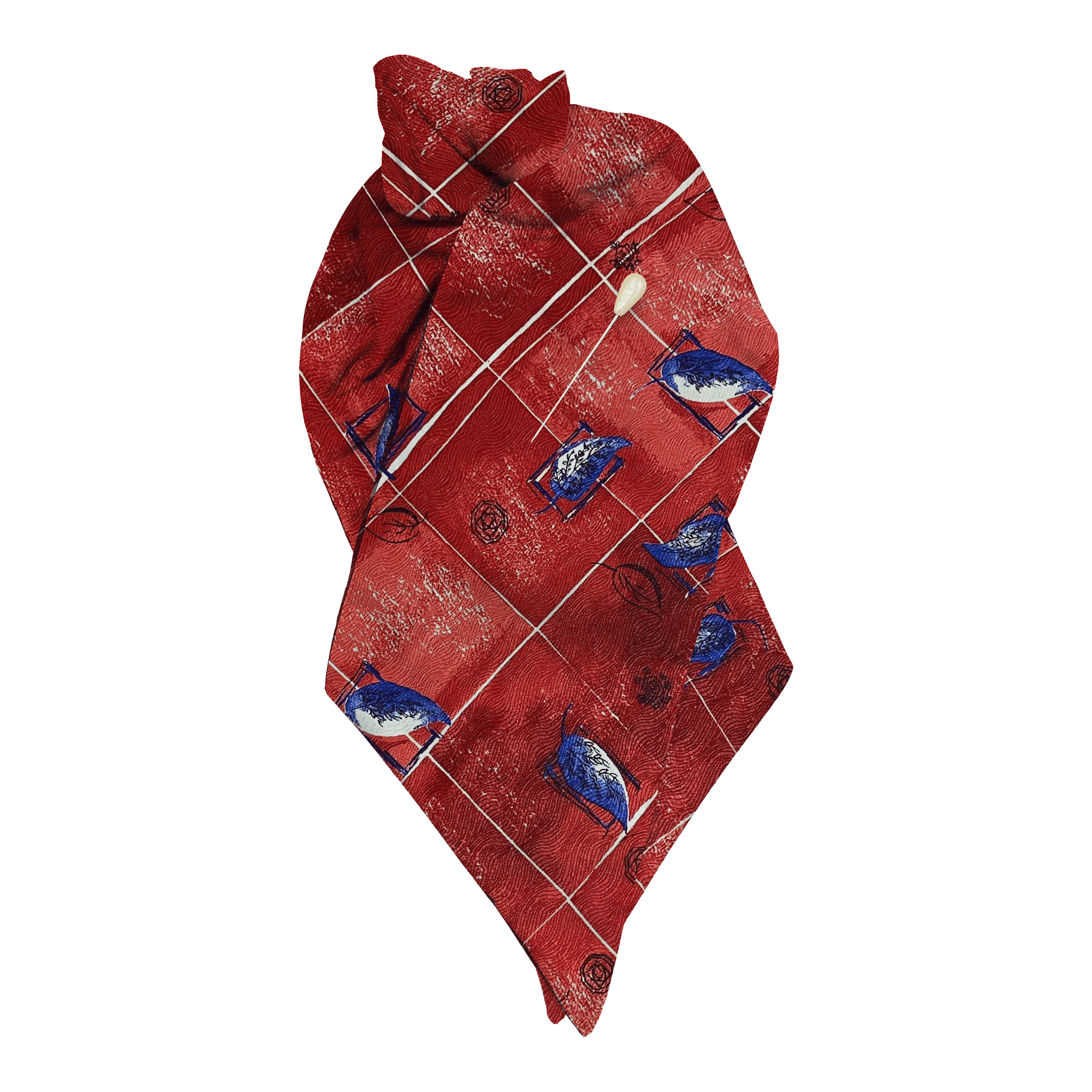 [PL-N-60-6606] Plastron aus Seide, Stoff: rot gemustert mit Blättern in blau (6606) (mit Nadel)