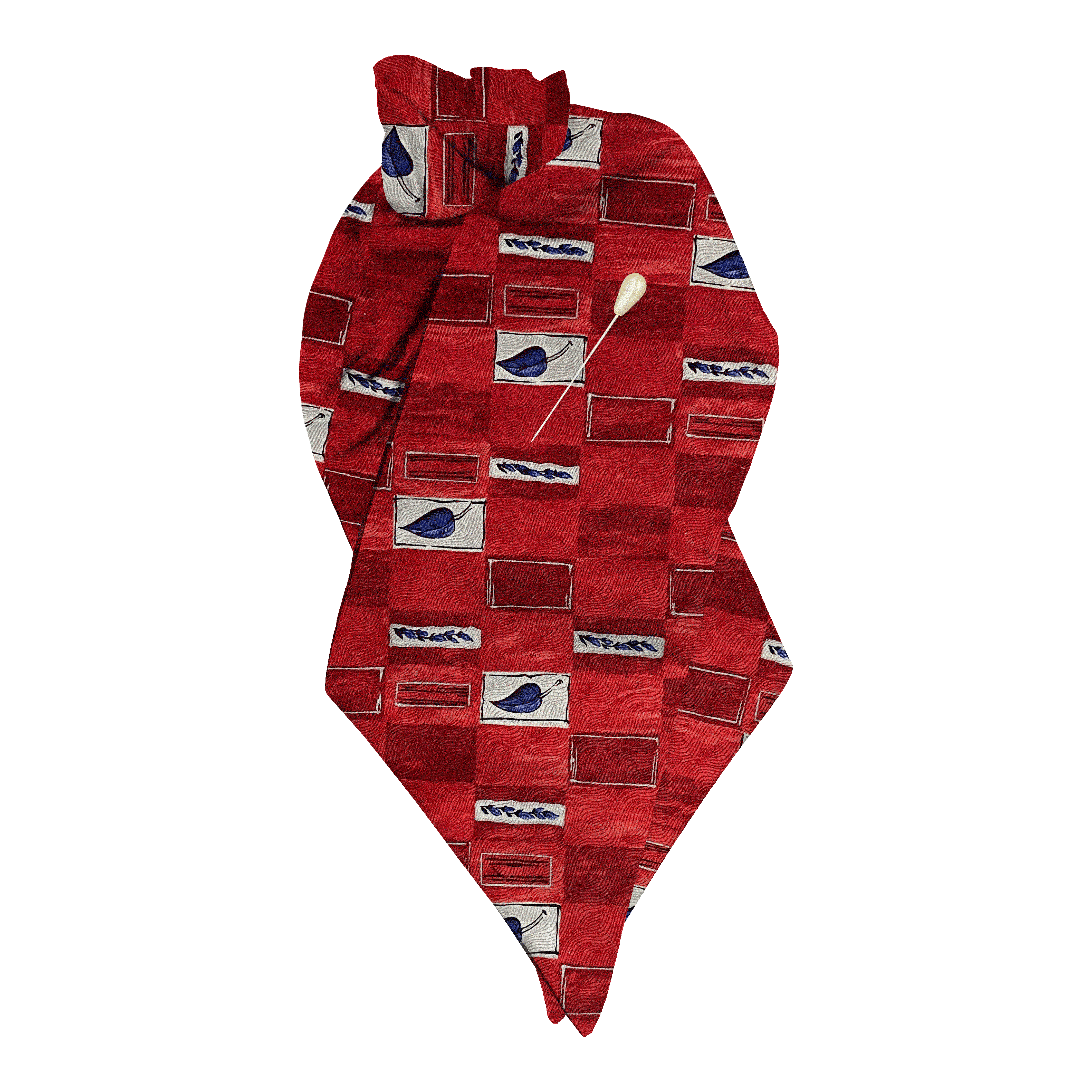 [PL-N-60-6605] Plastron aus Seide, Stoff: rot-weiß gemustert mit Blättern in blau (6605) (mit Nadel)