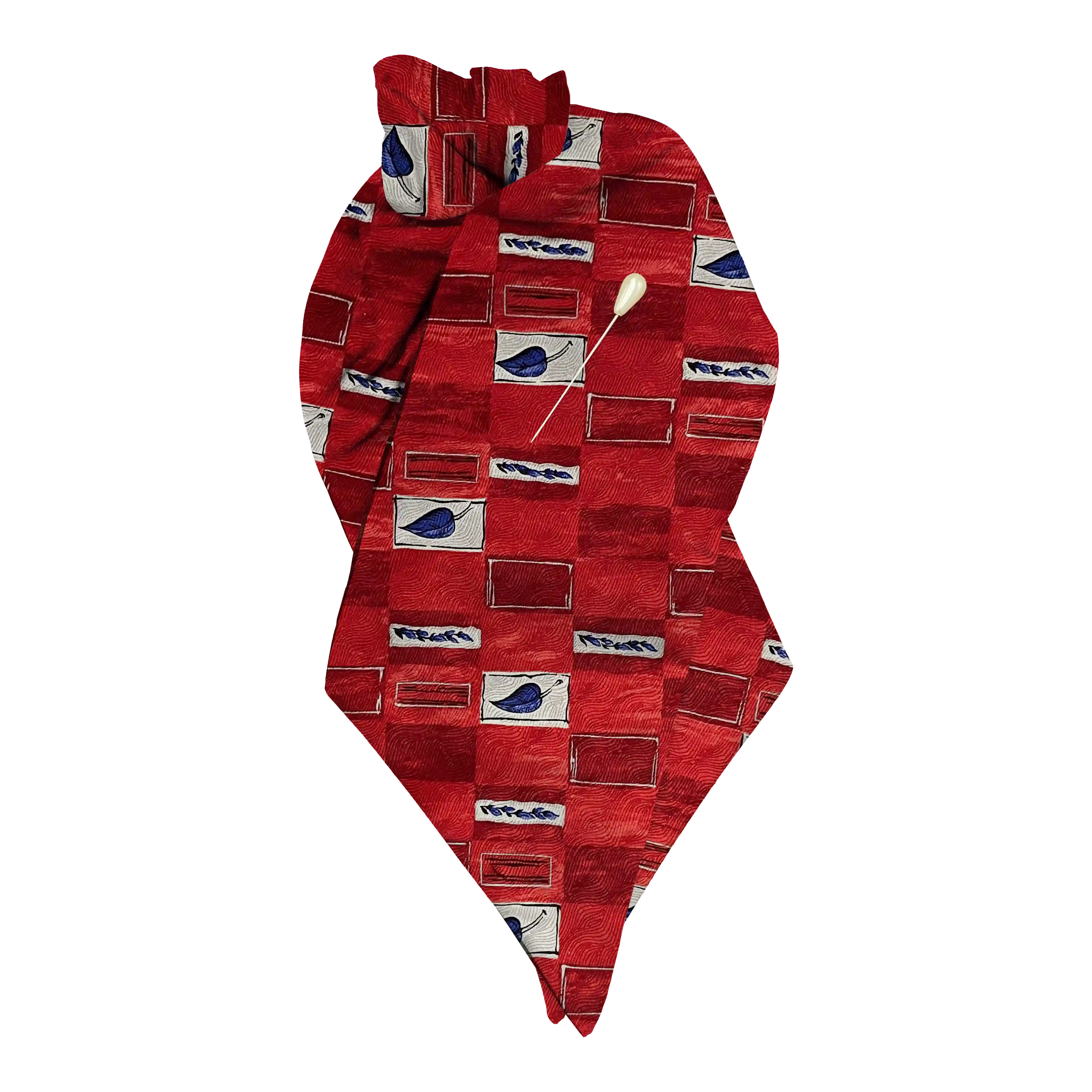 [PL-N-60-6605] plastron from silk, fabric: red and white patterned with blue leaves (6605) (with pin)
