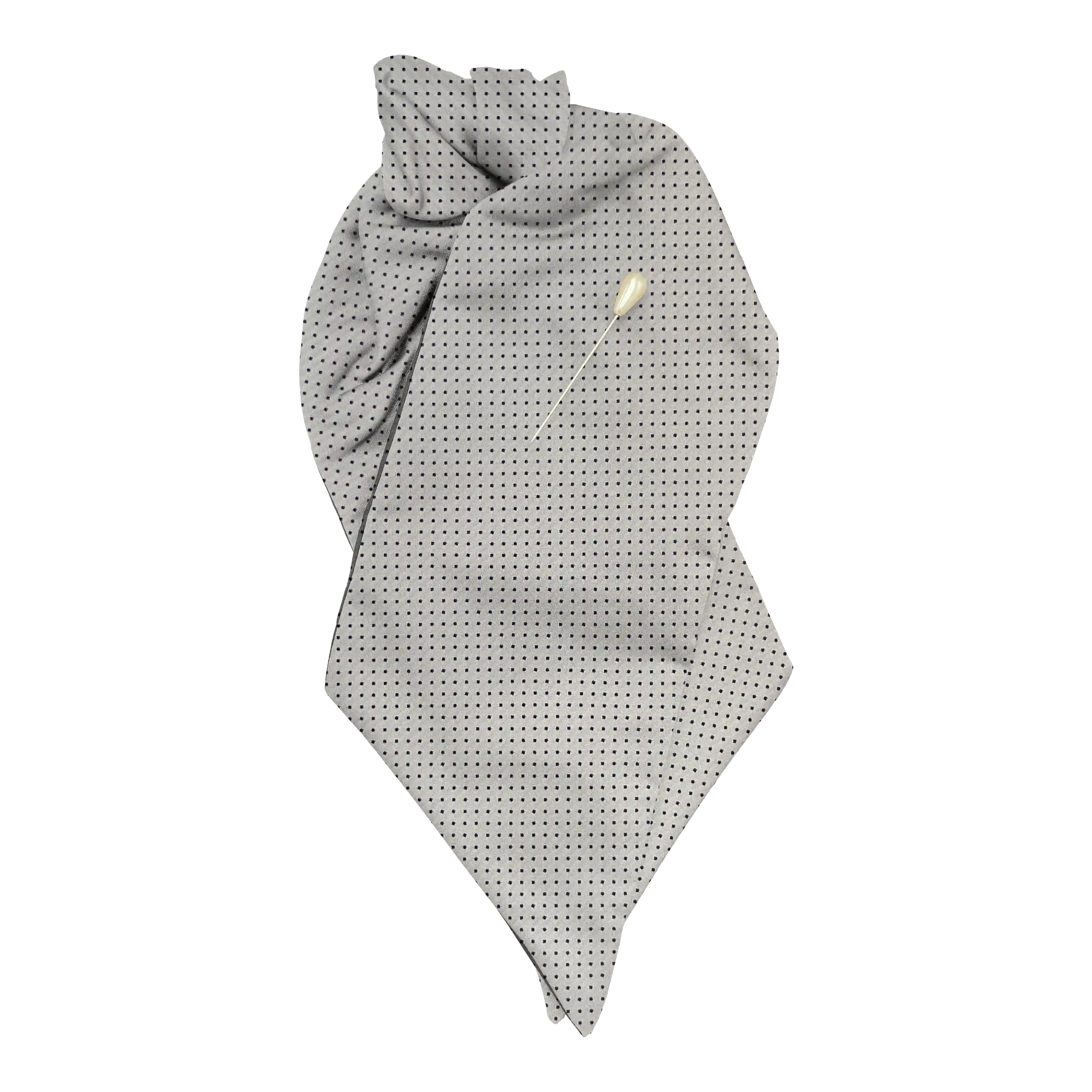 [PL-N-70-7931] Plastron aus Seide, Stoff: schwarz gepunktet auf silber (7931) (mit Nadel)