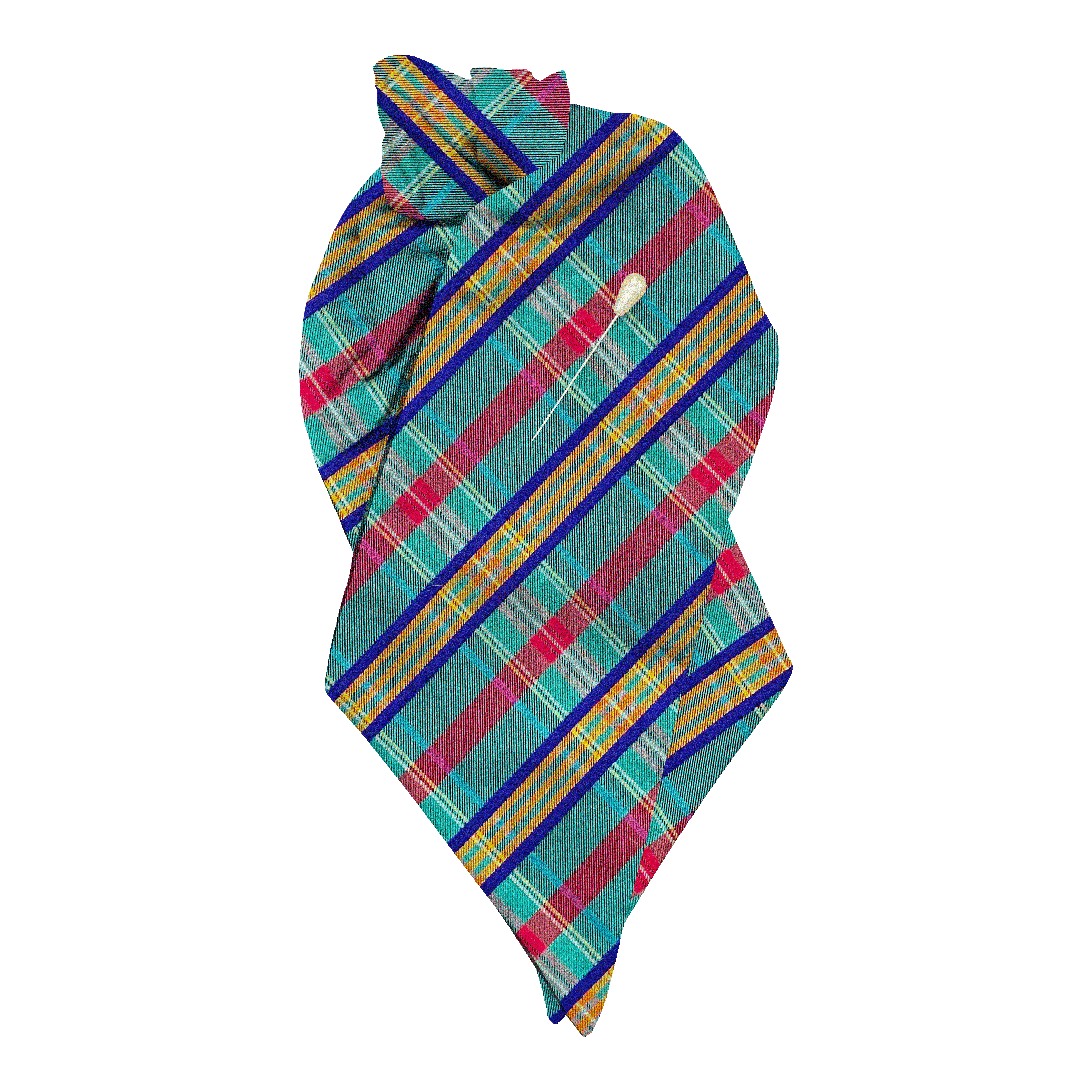 [PL-N-70-7882] Plastron aus Seide, Stoff: türkis, rot, blau und gelb kariert (7882) (mit Nadel)