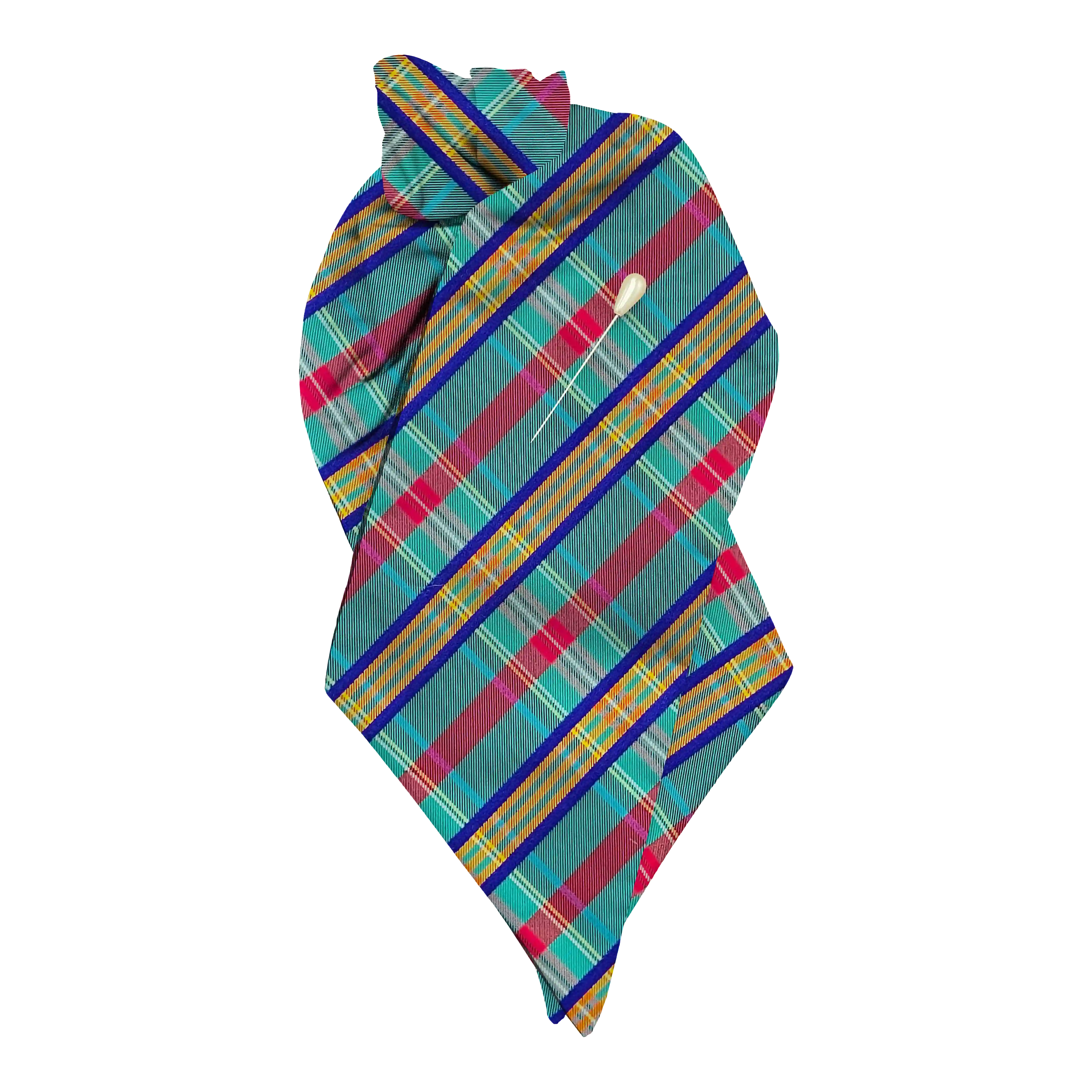 [PL-N-70-7882] Plastron aus Seide, Stoff: türkis, rot, blau und gelb kariert (7882) (mit Nadel)