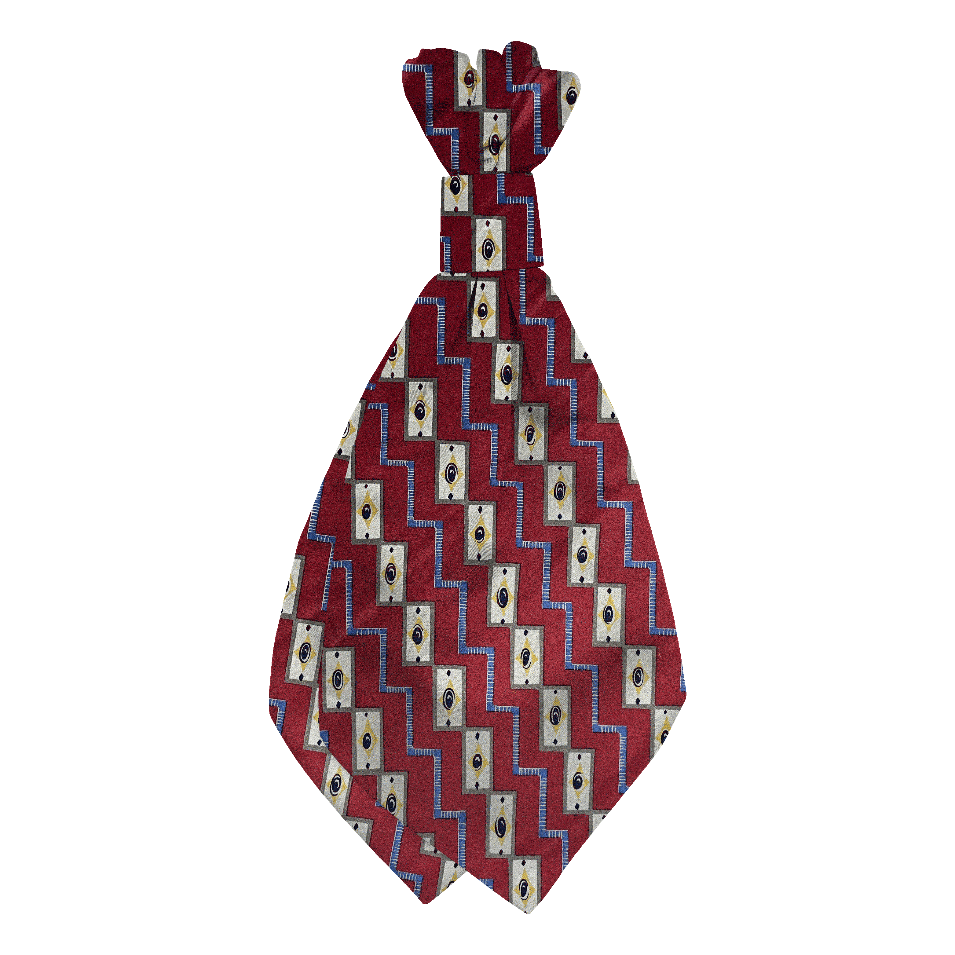 Plastronette mit geradem Knoten aus Seide, Stoff: gemustert in beige und blau auf rot (6477)