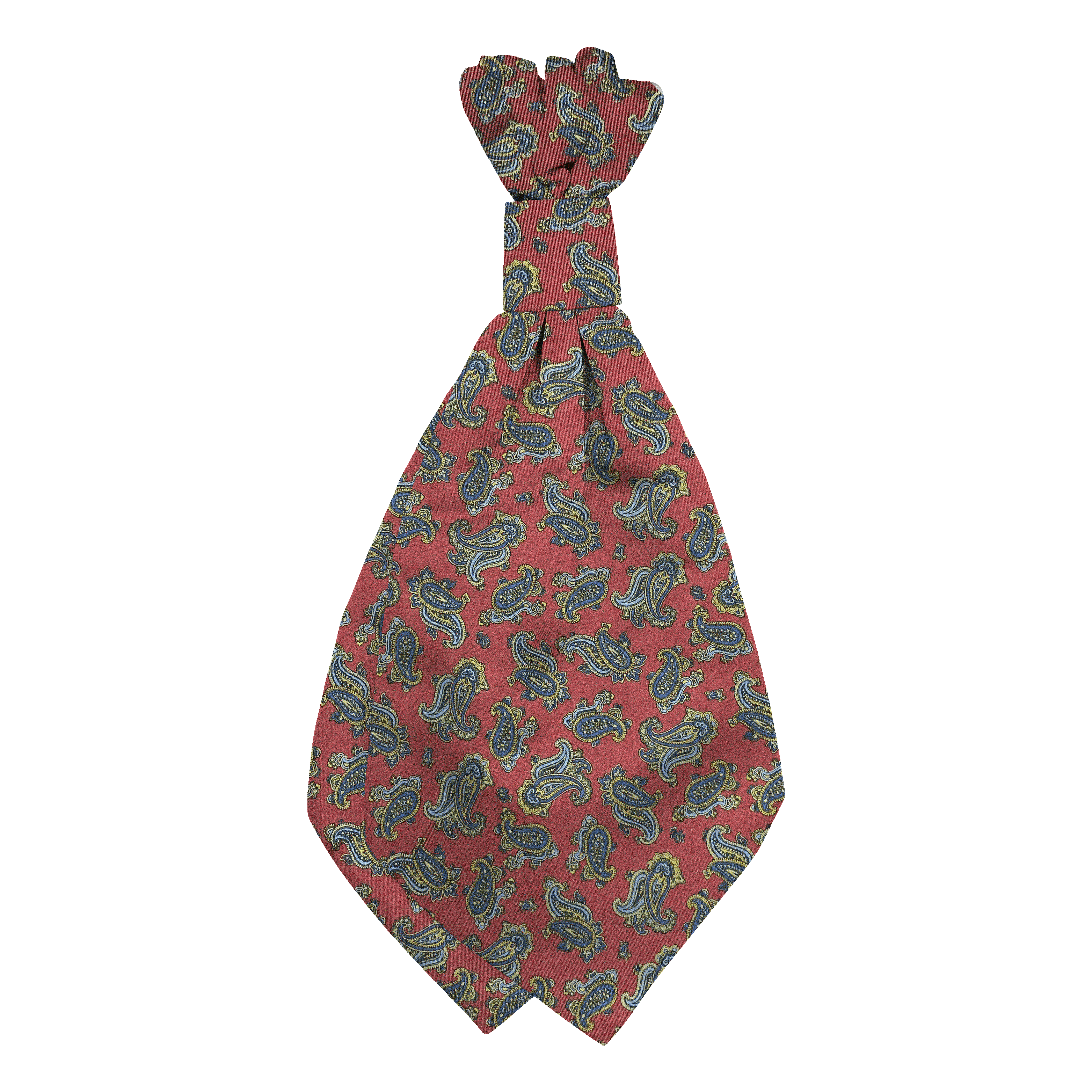 Plastronette mit geradem Knoten aus Seide, Stoff: kleines Paisley in blau, gelb und grün auf bordeauxrot (6501)