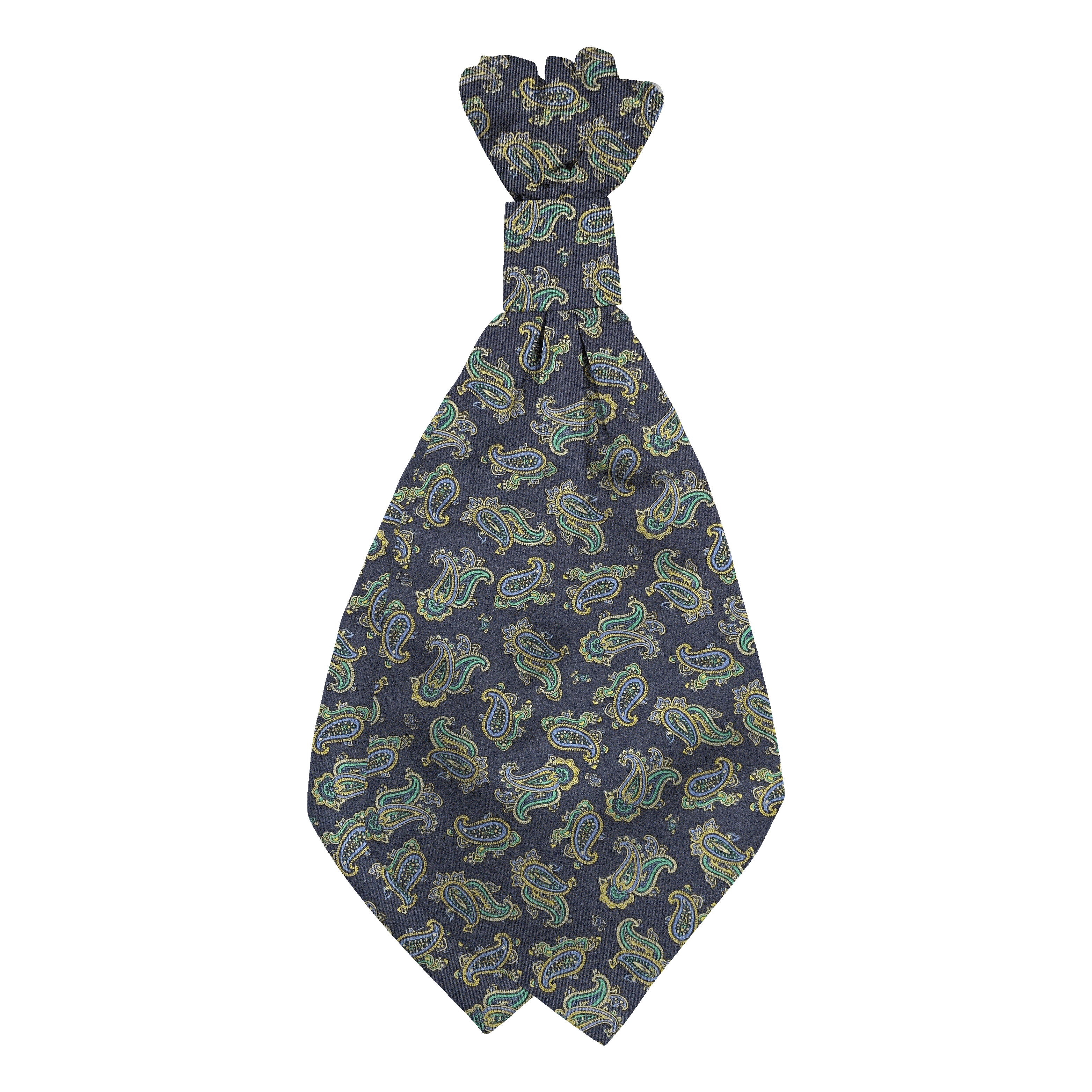 Plastronette mit geradem Knoten aus Seide, Stoff: kleines Paisley in blau, grün und gelb auf dunkelblau (6499)