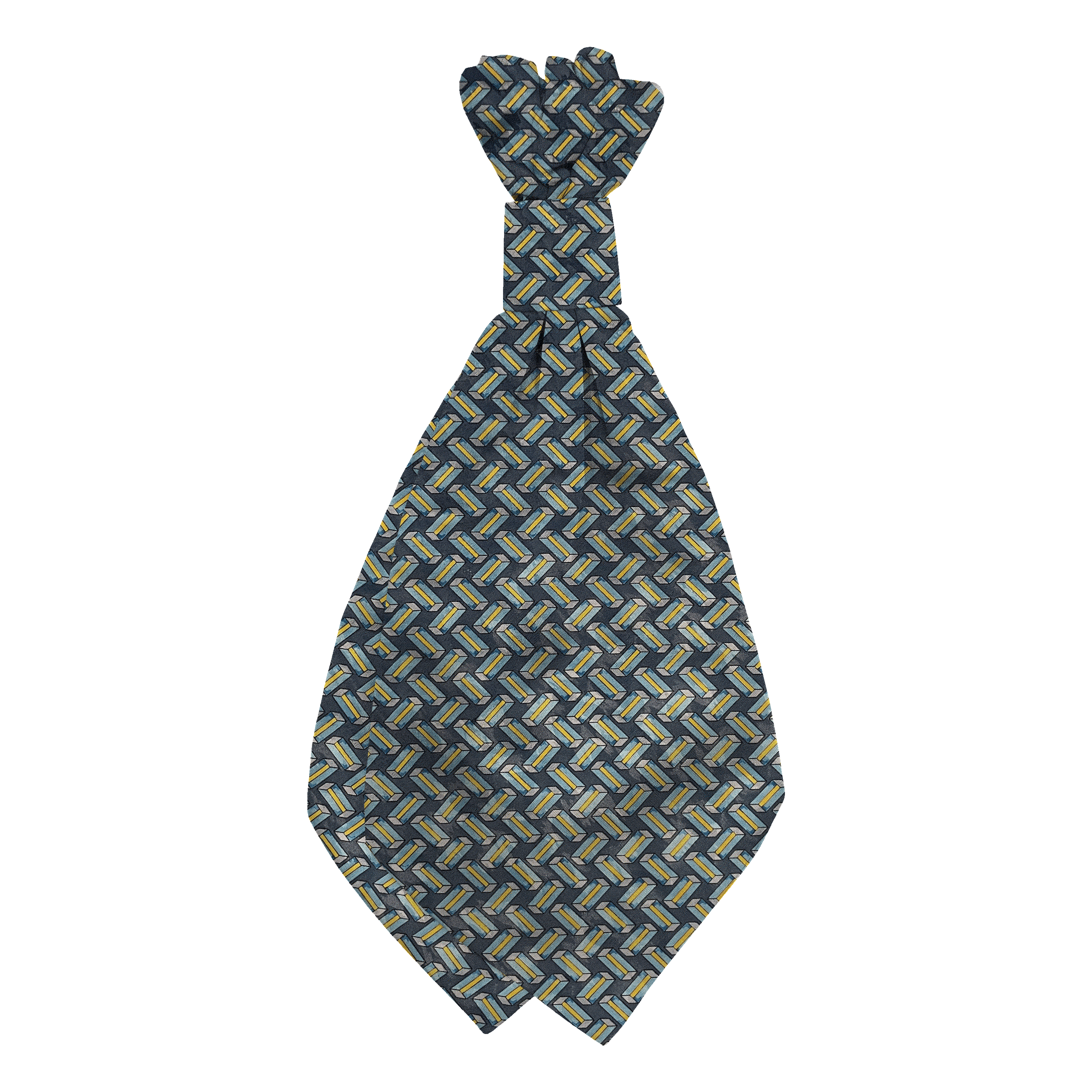 Plastronette mit geradem Knoten aus Seide, Stoff: kubisch gemustert in türkis und gelb (6399)