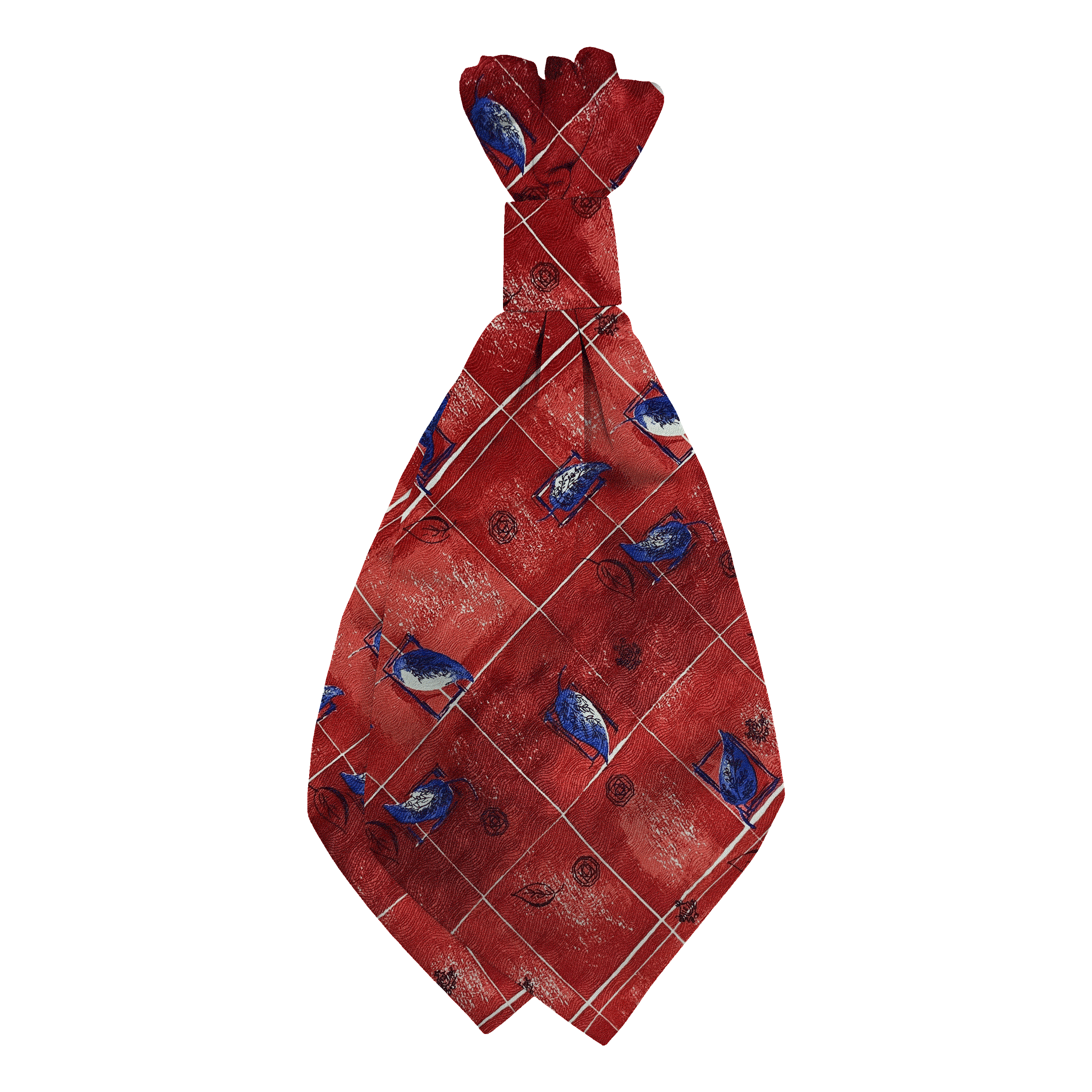 Plastronette mit geradem Knoten aus Seide, Stoff: rot gemustert mit Blättern in blau (6606)