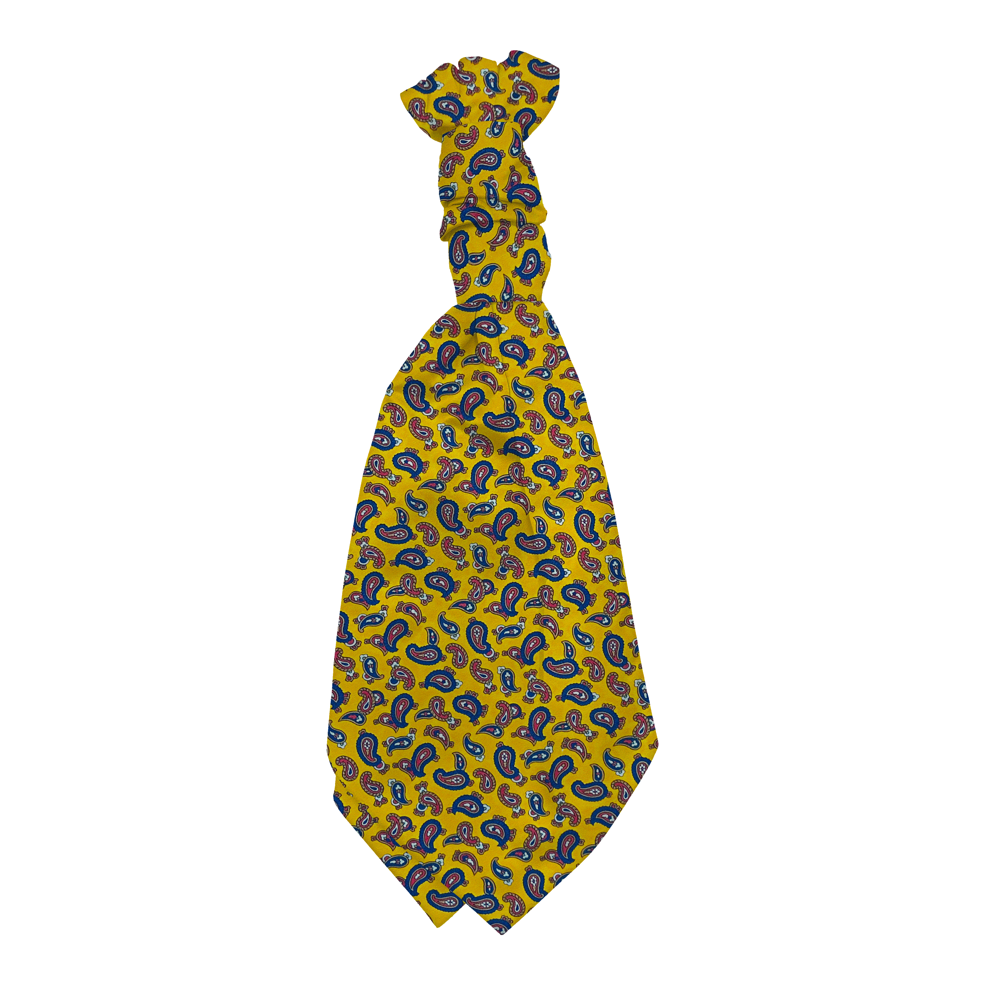 Plastronette mit gebauschtem Knoten aus Seide, Stoff: blau-rotes Paisley auf gelb (6482)