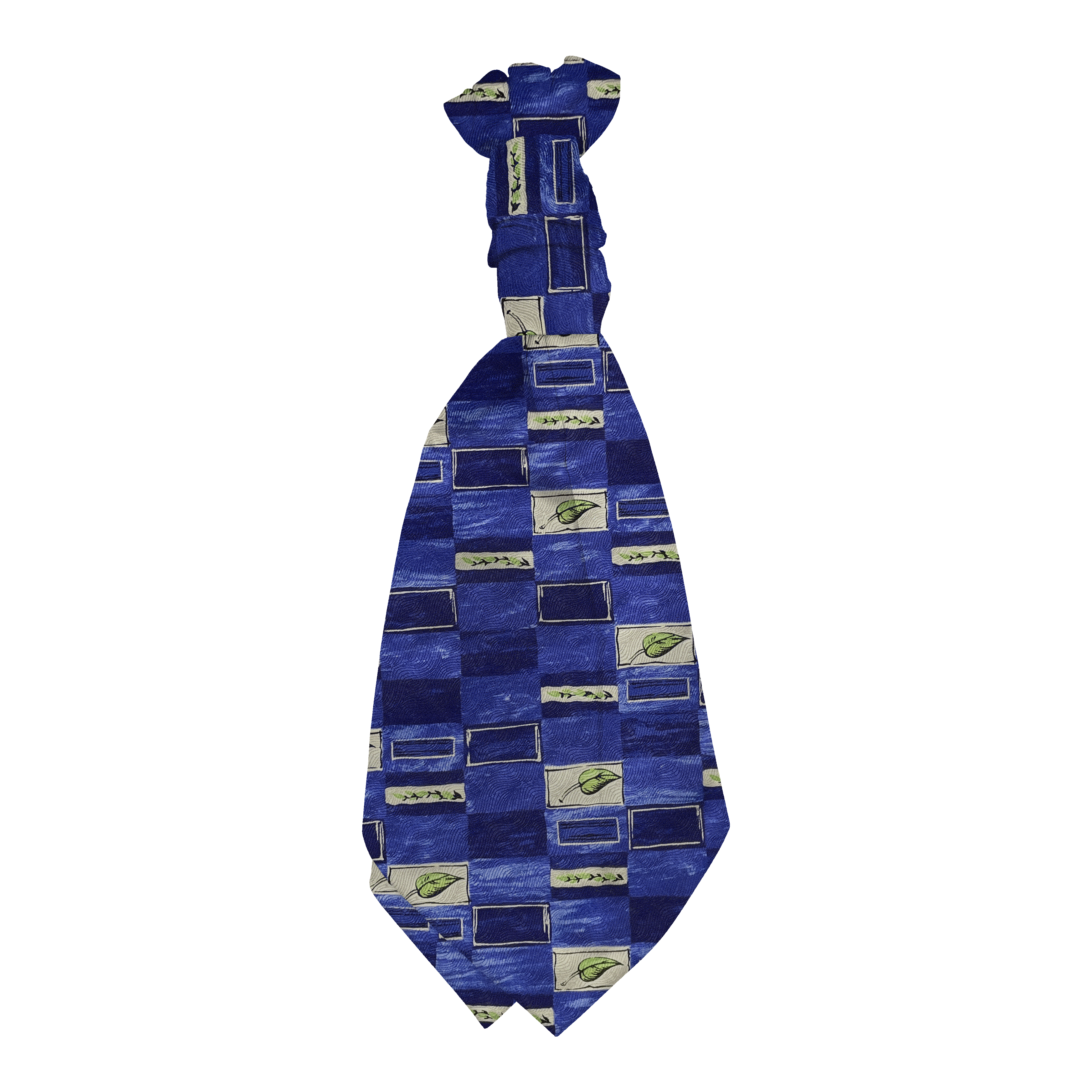 Plastronette mit gebauschtem Knoten aus Seide, Stoff: blau-weiß gemustert mit Blättern in grün (6604)