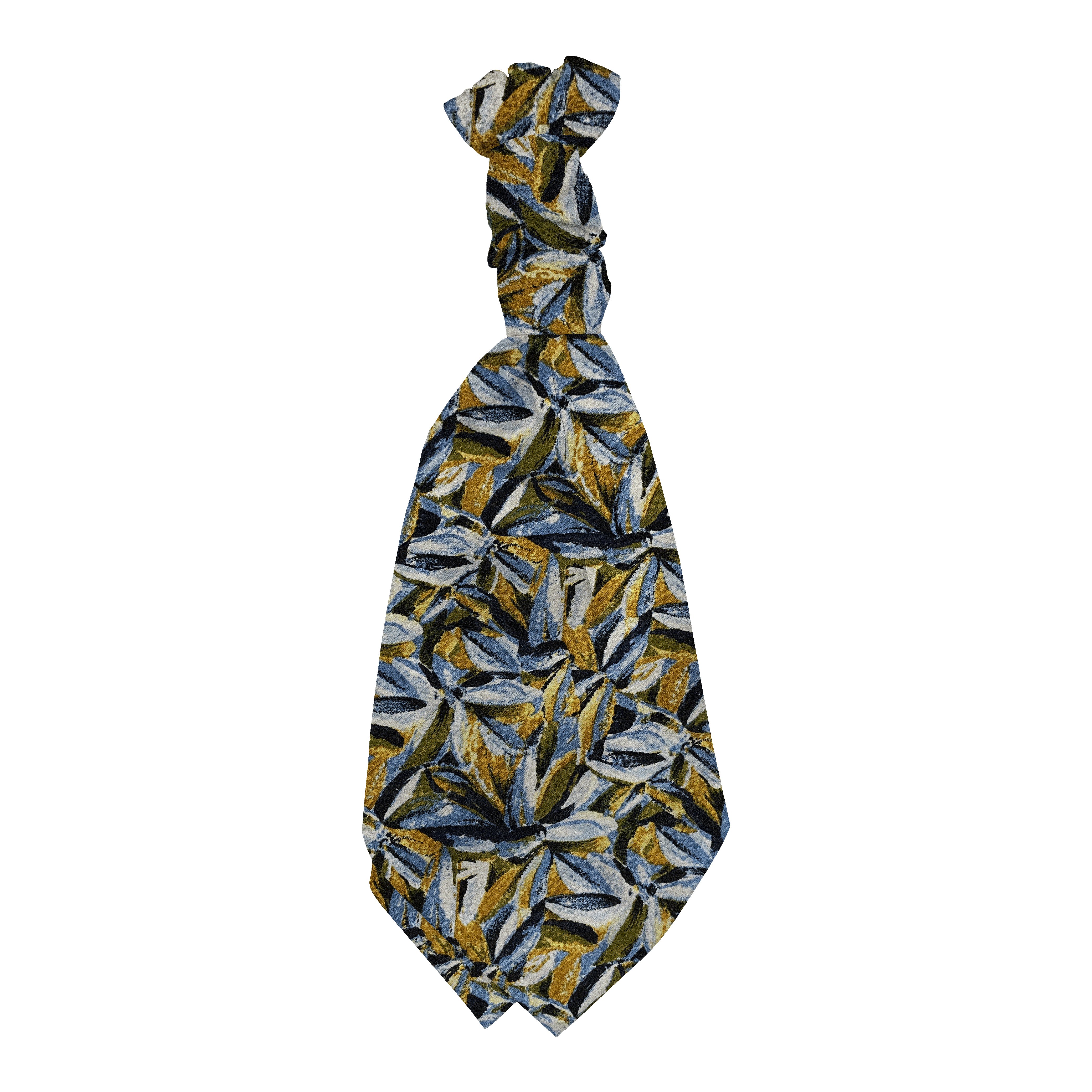 Plastronette mit gebauschtem Knoten aus Seide, Stoff: floral gemustert in blau, grün und ocker (6094)