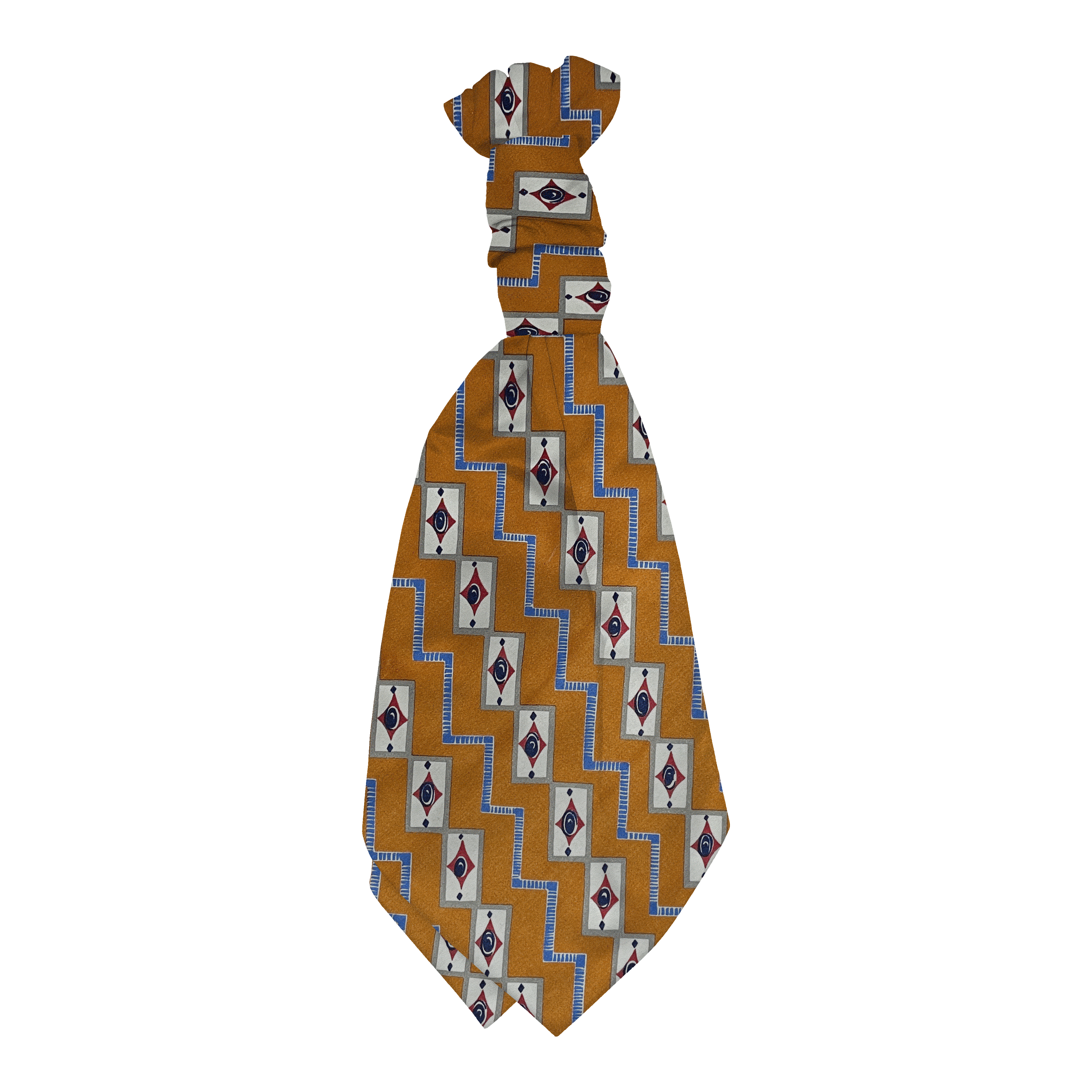 Plastronette mit gebauschtem Knoten aus Seide, Stoff: gemustert in beige und blau auf dunkelocker (6480)