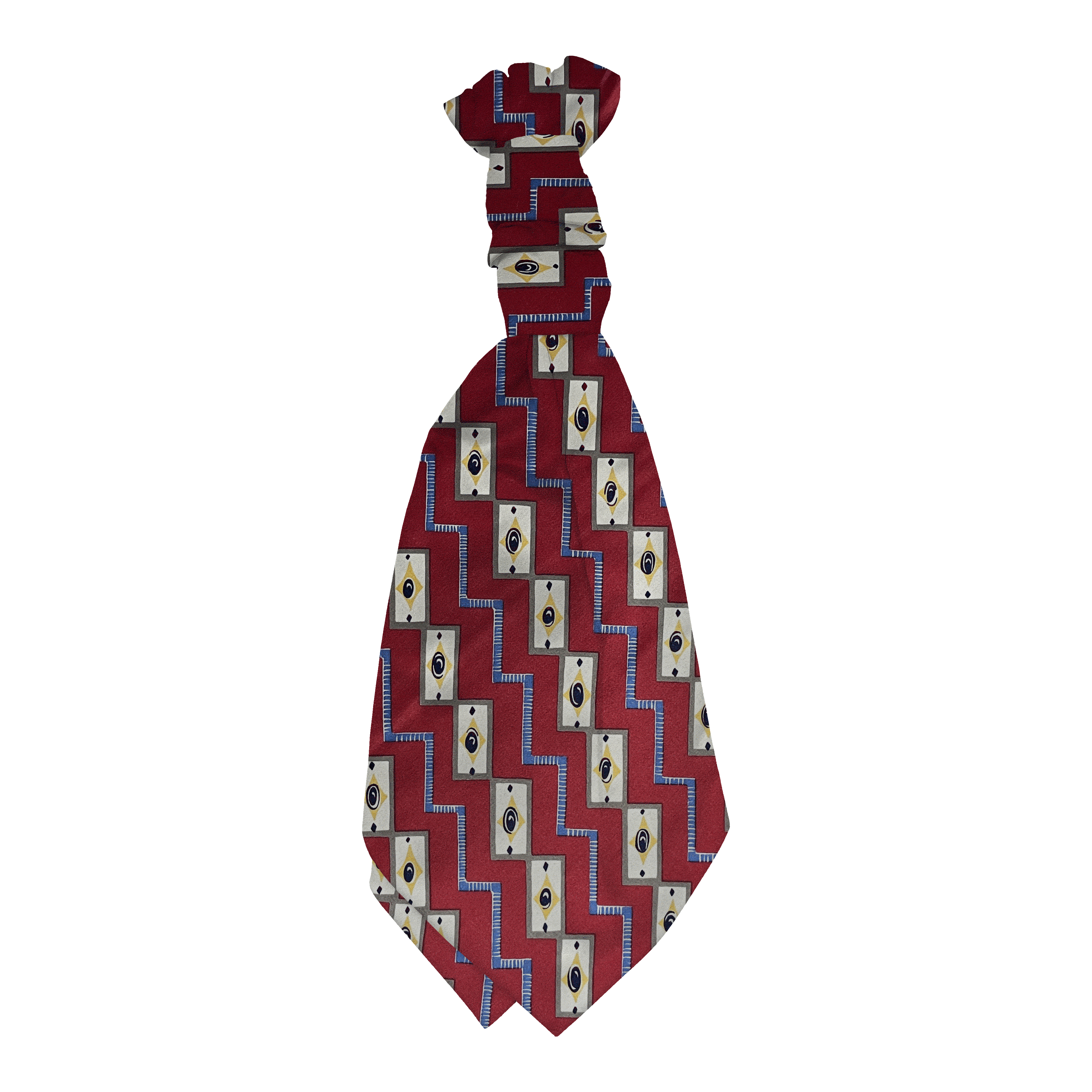 Plastronette mit gebauschtem Knoten aus Seide, Stoff: gemustert in beige und blau auf rot (6477)