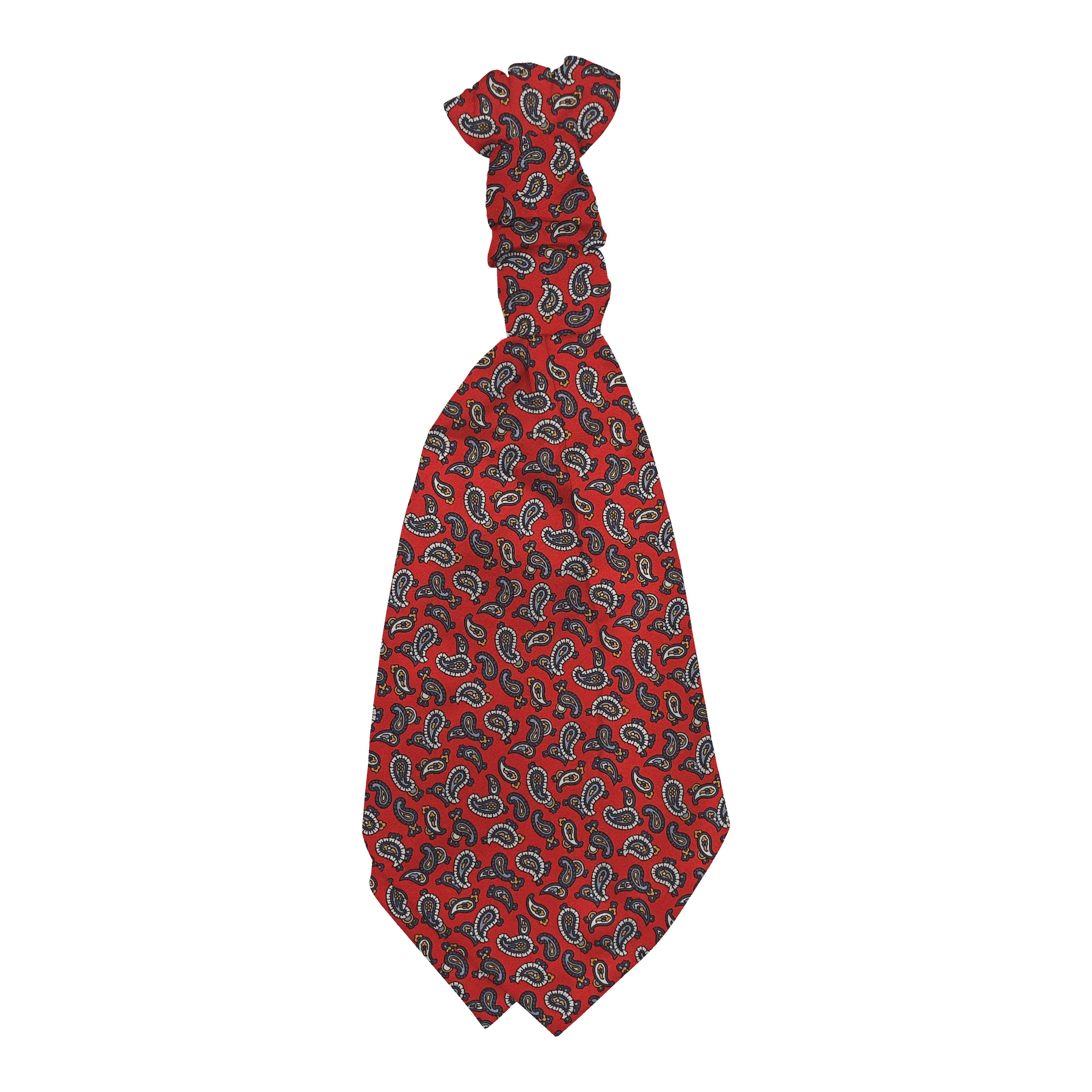 Plastronette mit gebauschtem Knoten aus Seide, Stoff: grau-blaues Paisley auf rot (6483)