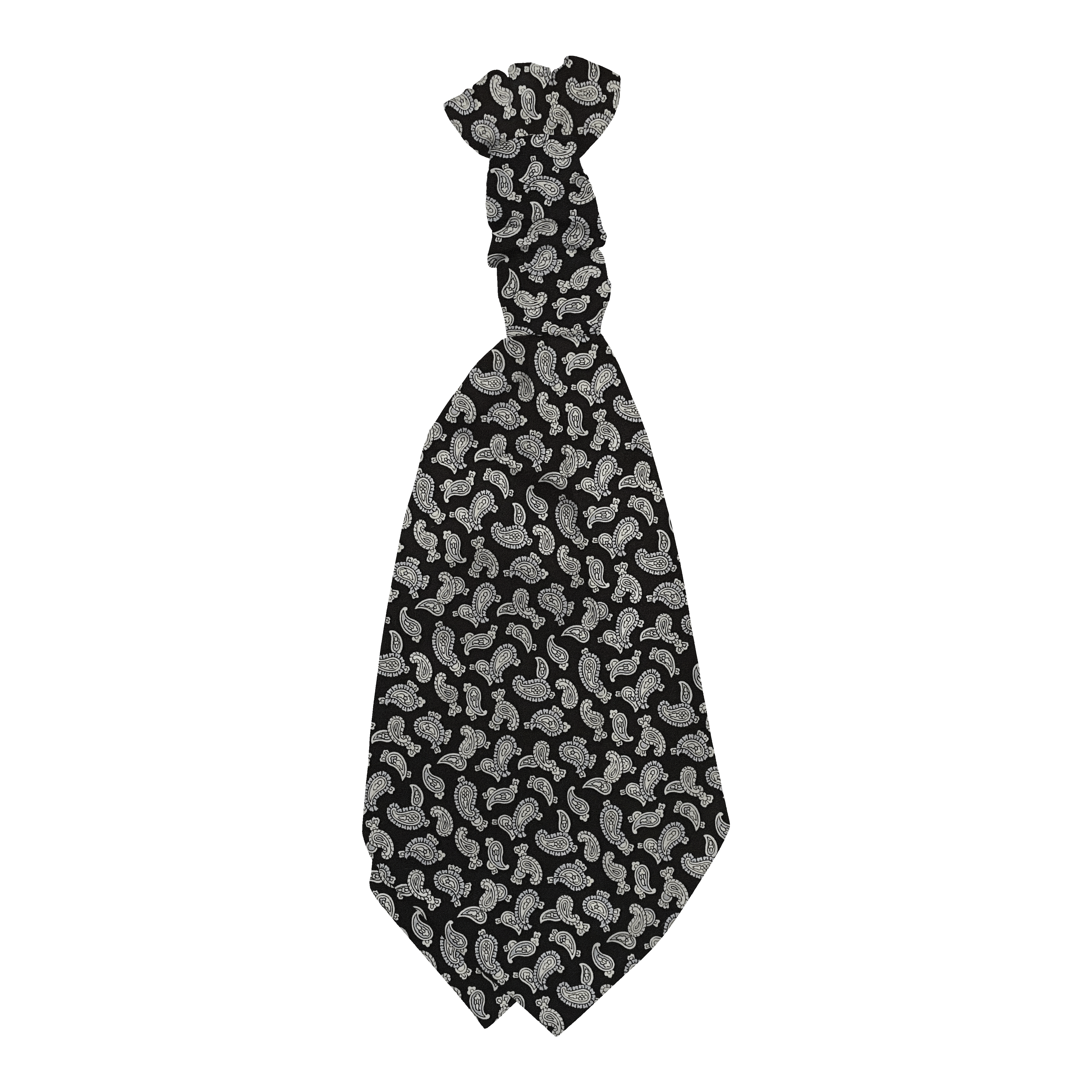 Plastronette mit gebauschtem Knoten aus Seide, Stoff: graues Paisley auf schwarz (6481)