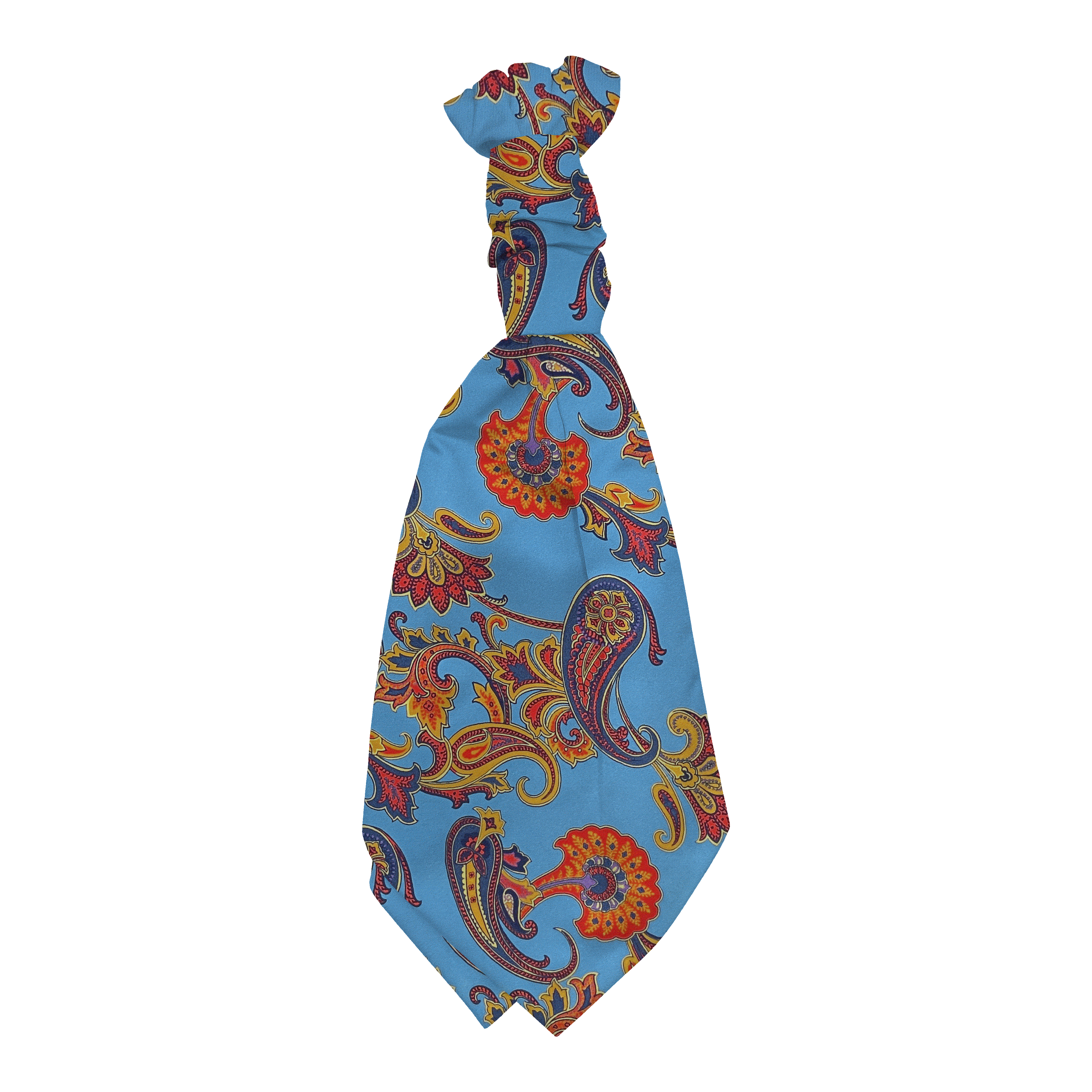 Plastronette mit gebauschtem Knoten aus Seide, Stoff: großes mehrfarbiges Paisley auf himmelblau (6843)