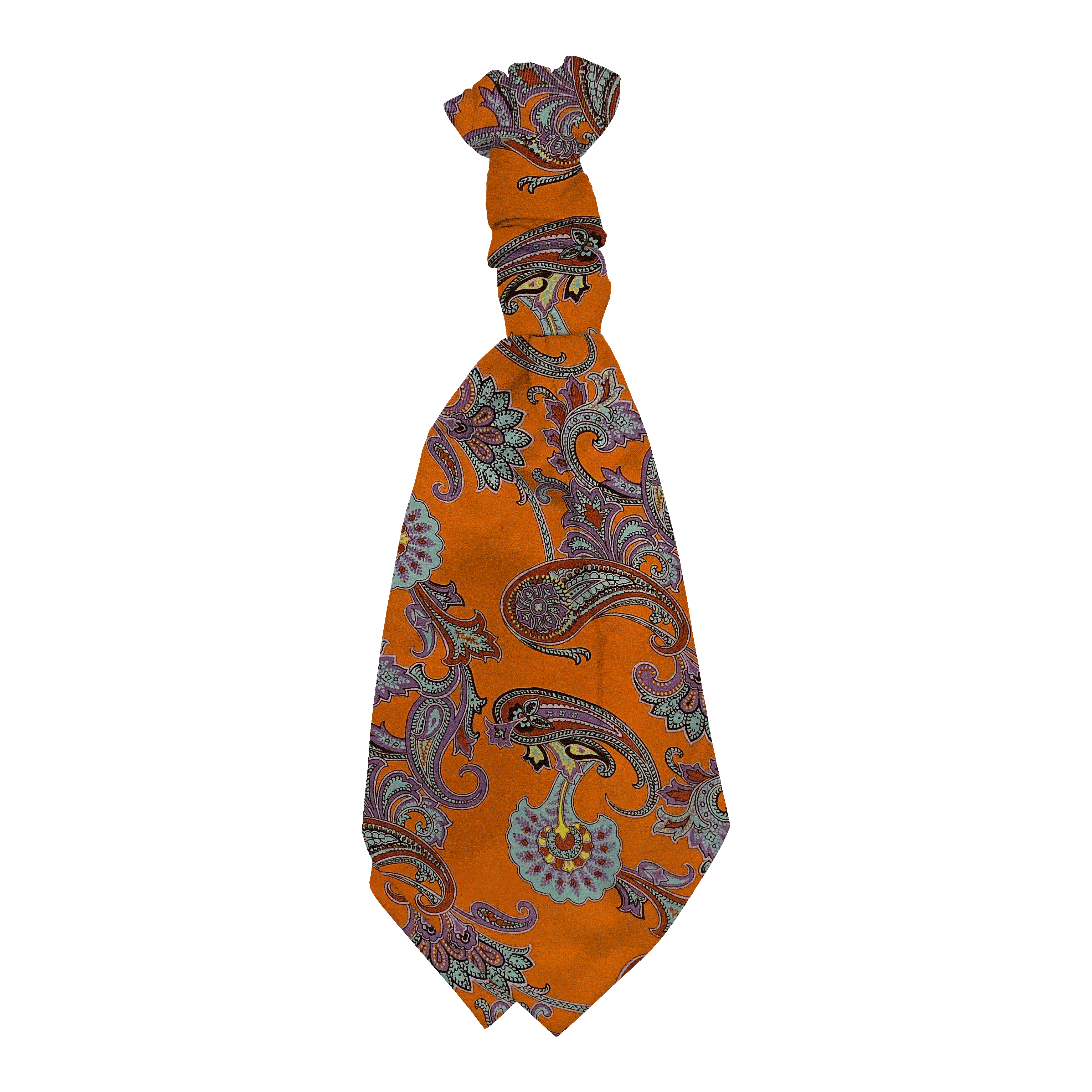 Plastronette mit gebauschtem Knoten aus Seide, Stoff: großes mehrfarbiges Paisley auf organge (6842)