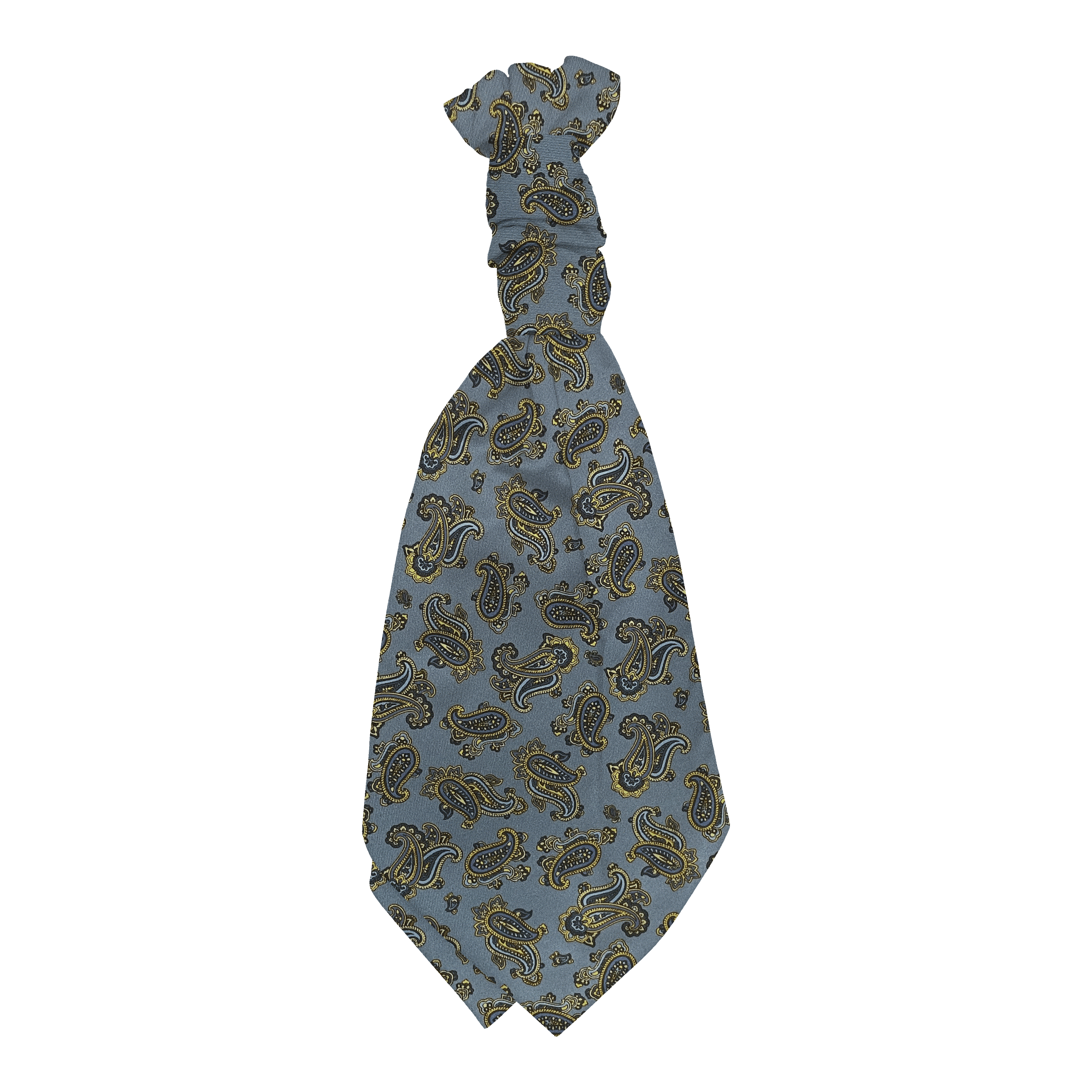 Plastronette mit gebauschtem Knoten aus Seide, Stoff: kleines Paisley in blau und gelb auf hellblau (6500)