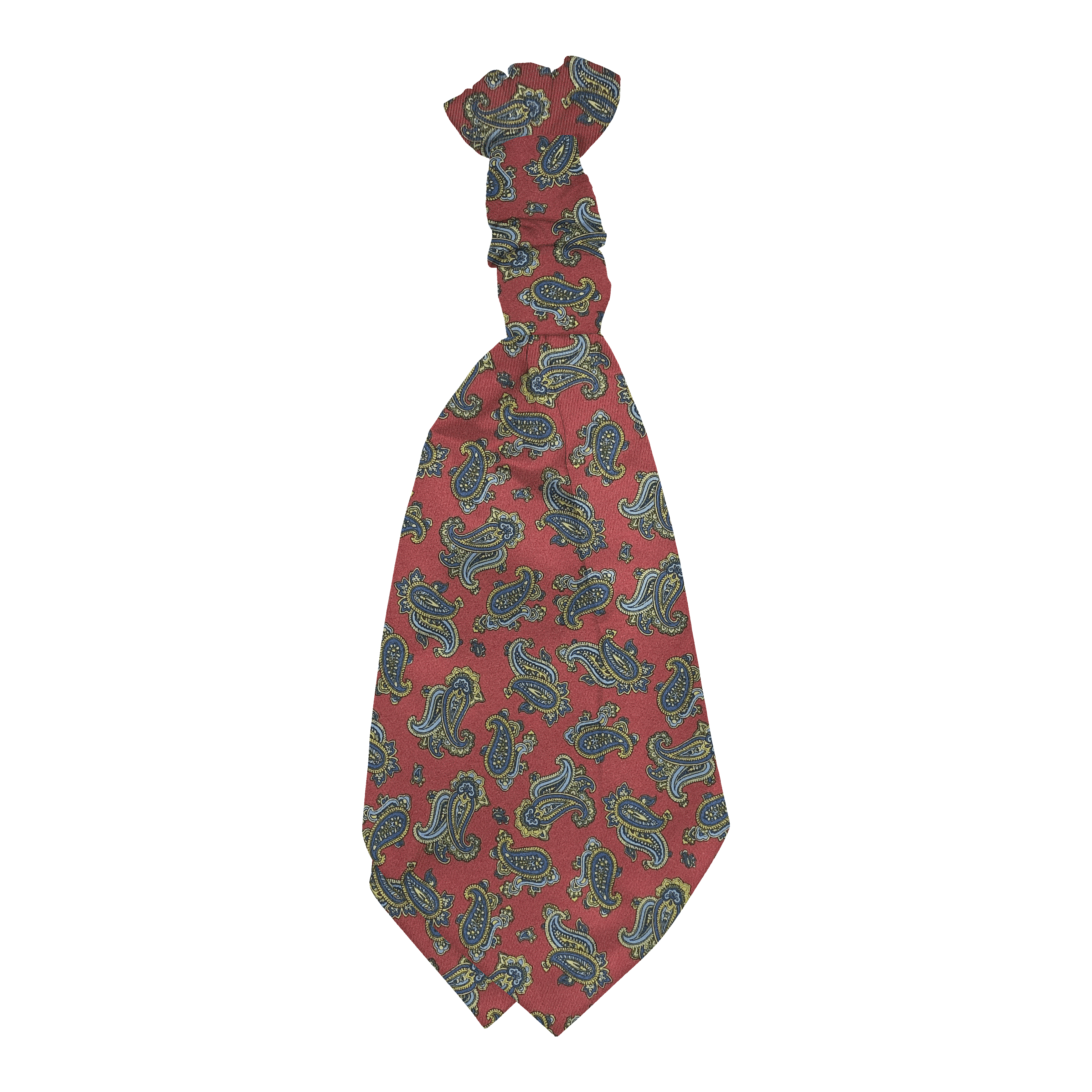 Plastronette mit gebauschtem Knoten aus Seide, Stoff: kleines Paisley in blau, gelb und grün auf bordeauxrot (6501)
