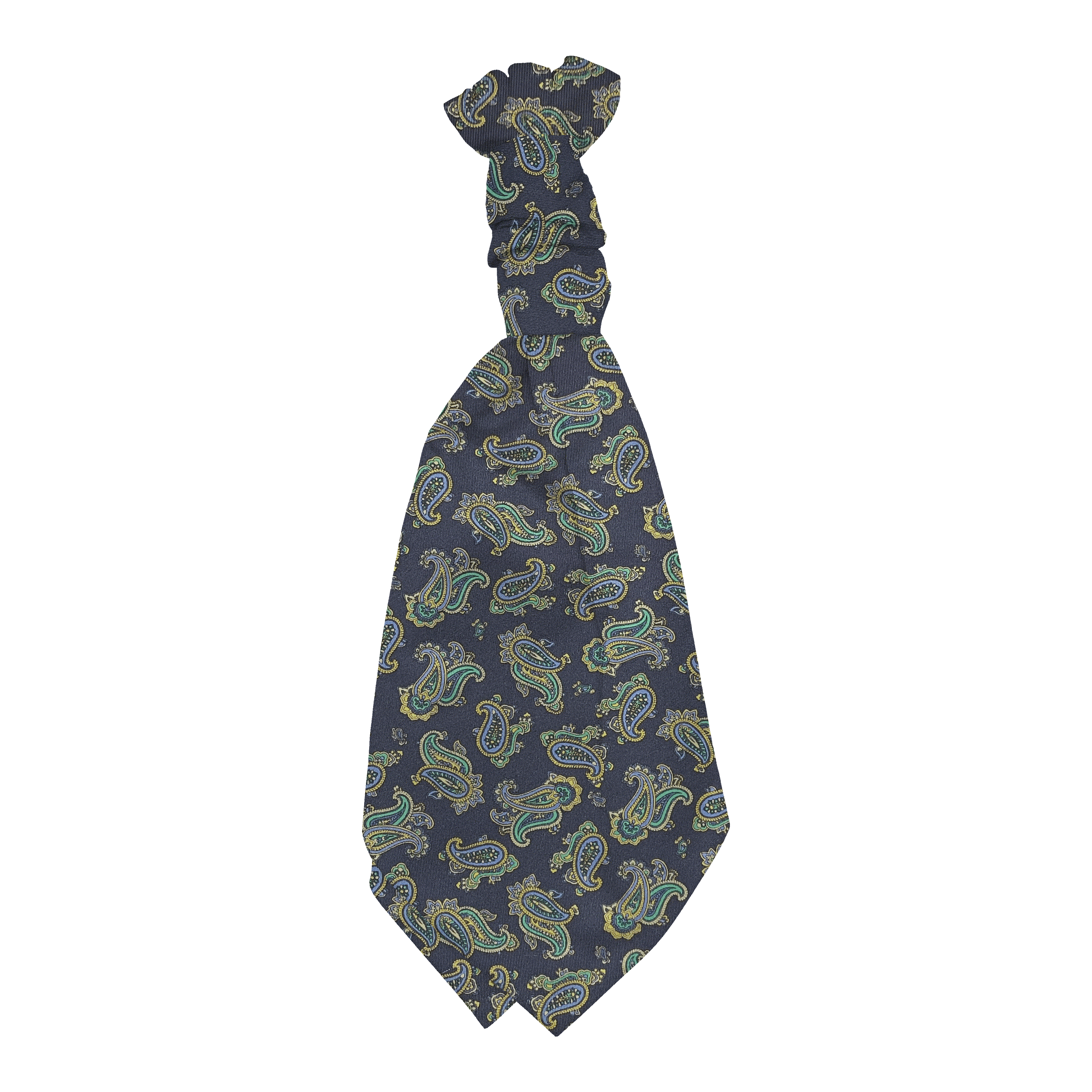 Plastronette mit gebauschtem Knoten aus Seide, Stoff: kleines Paisley in blau, grün und gelb auf dunkelblau (6499)