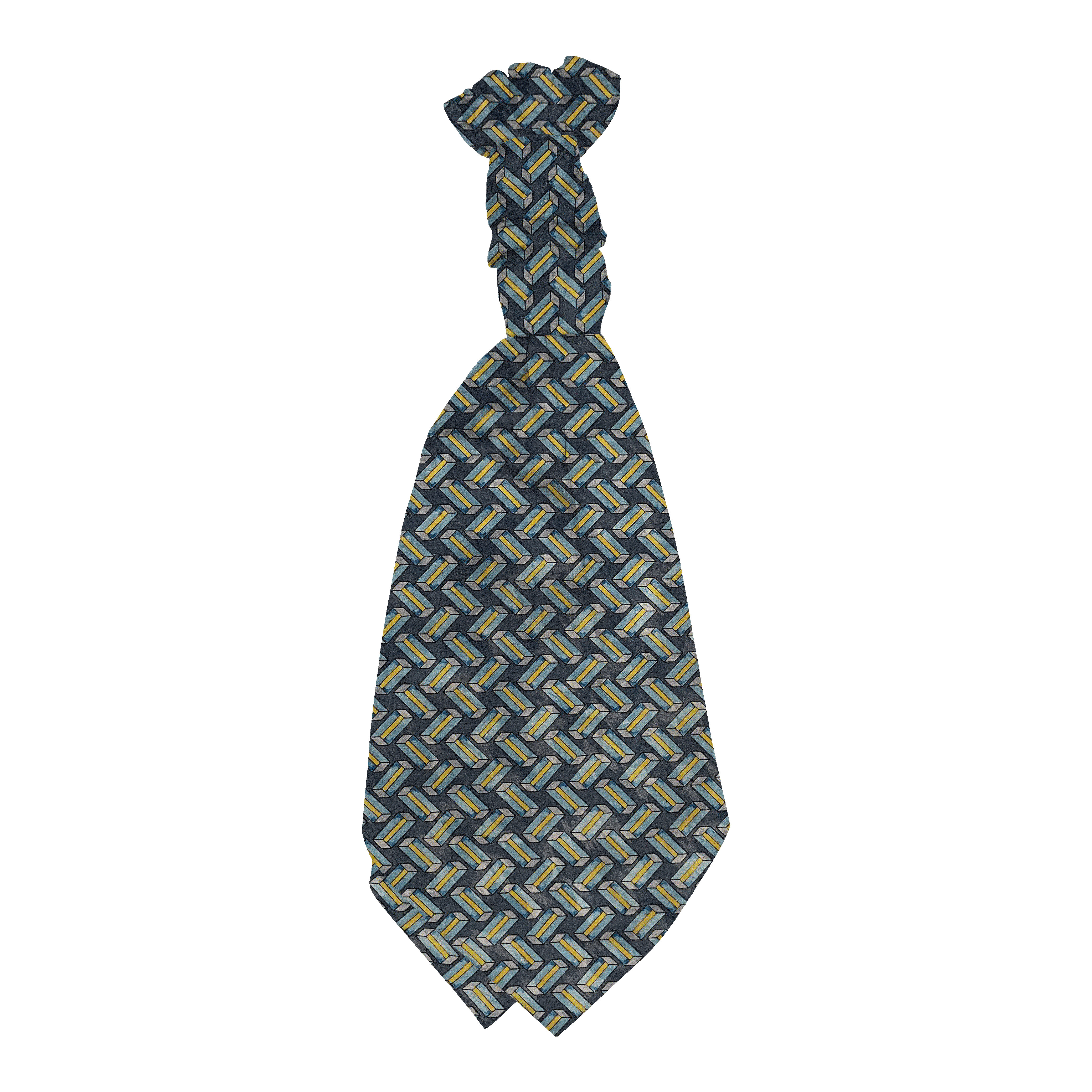 Plastronette mit gebauschtem Knoten aus Seide, Stoff: kubisch gemustert in türkis und gelb (6399)