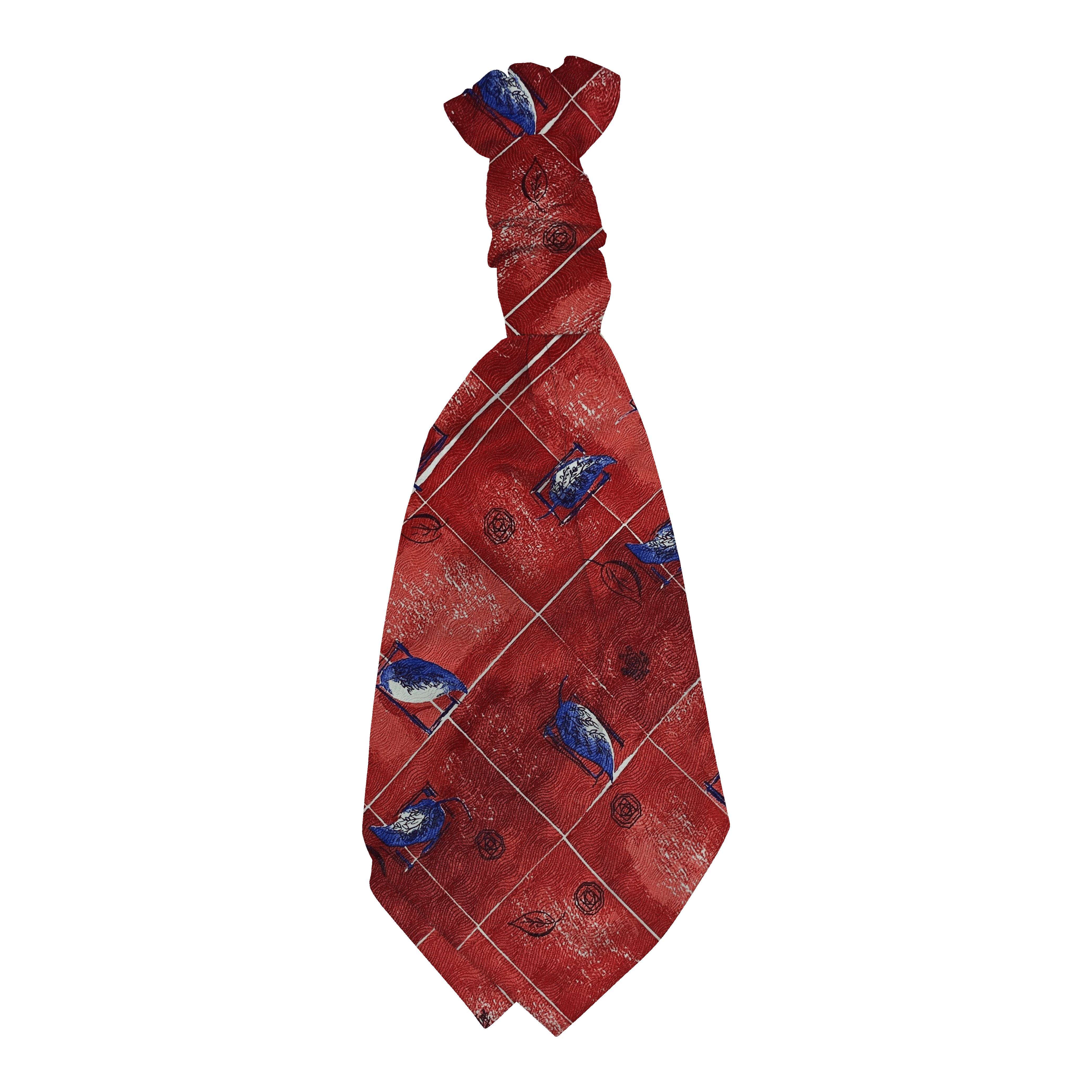 Plastronette mit gebauschtem Knoten aus Seide, Stoff: rot gemustert mit Blättern in blau (6606)