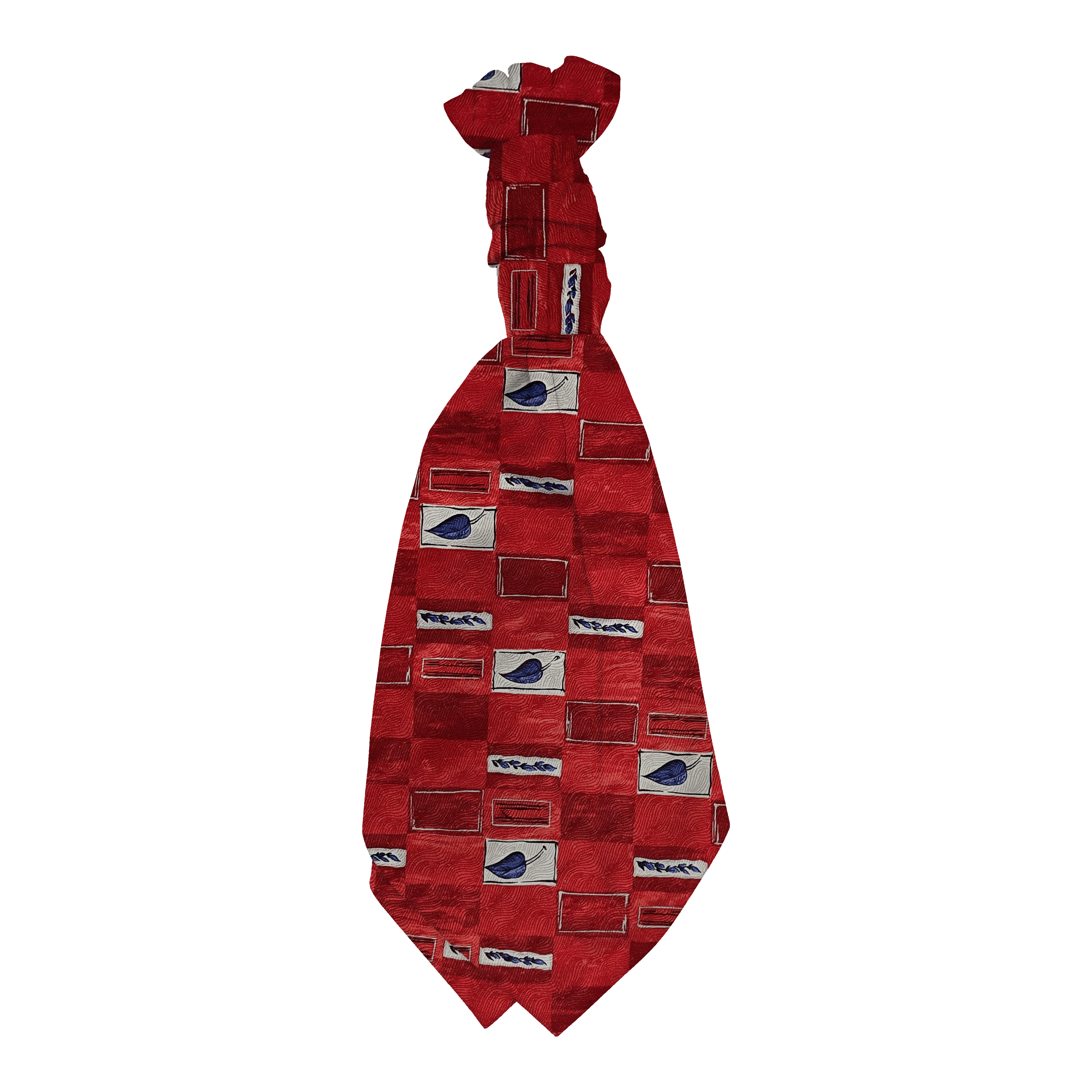 Plastronette mit gebauschtem Knoten aus Seide, Stoff: rot-weiß gemustert mit Blättern in blau (6605)