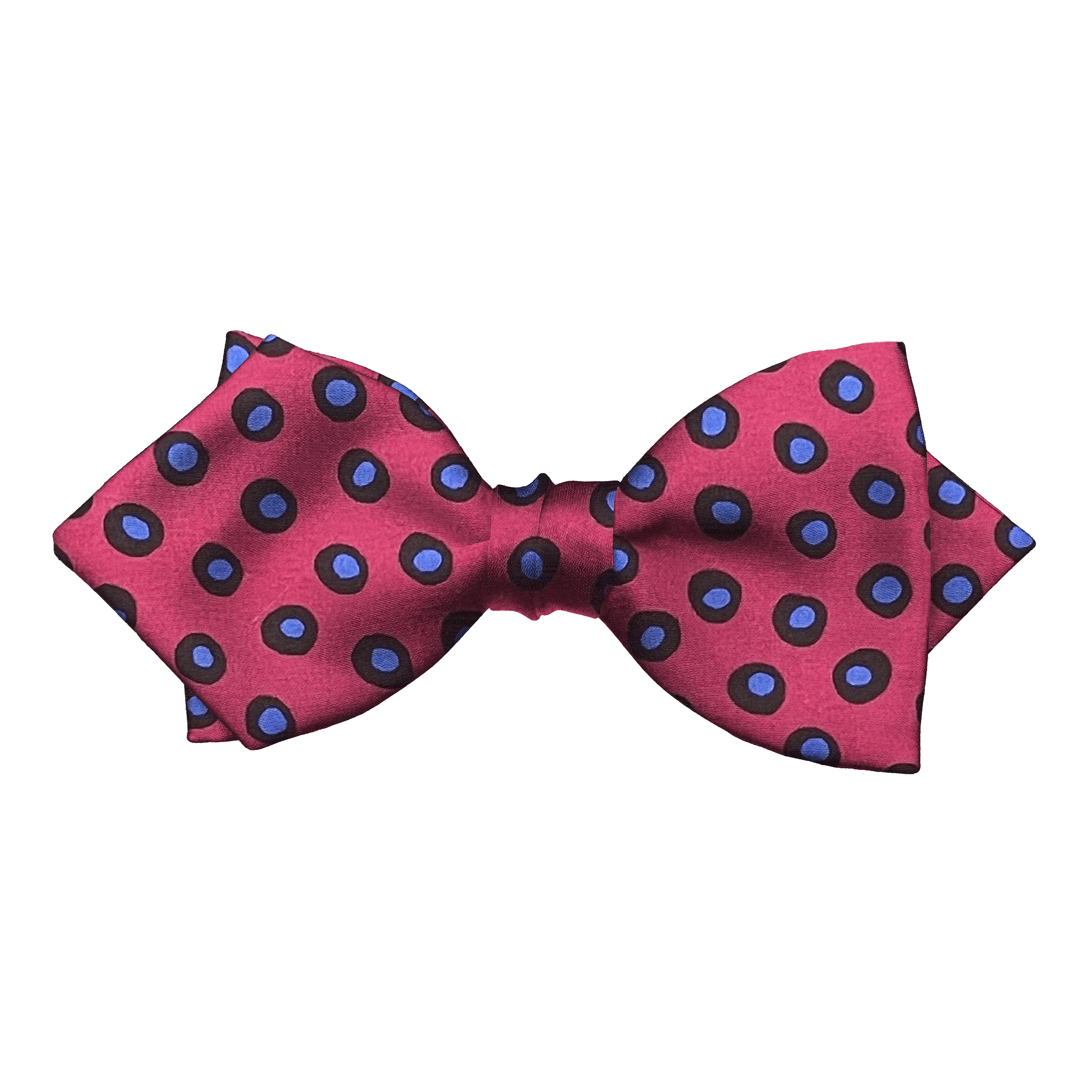 Schleife aus Seide, Form: spitz, Höhe: 60, Stoff: blau-schwarz gefleckt auf magenta (6112)