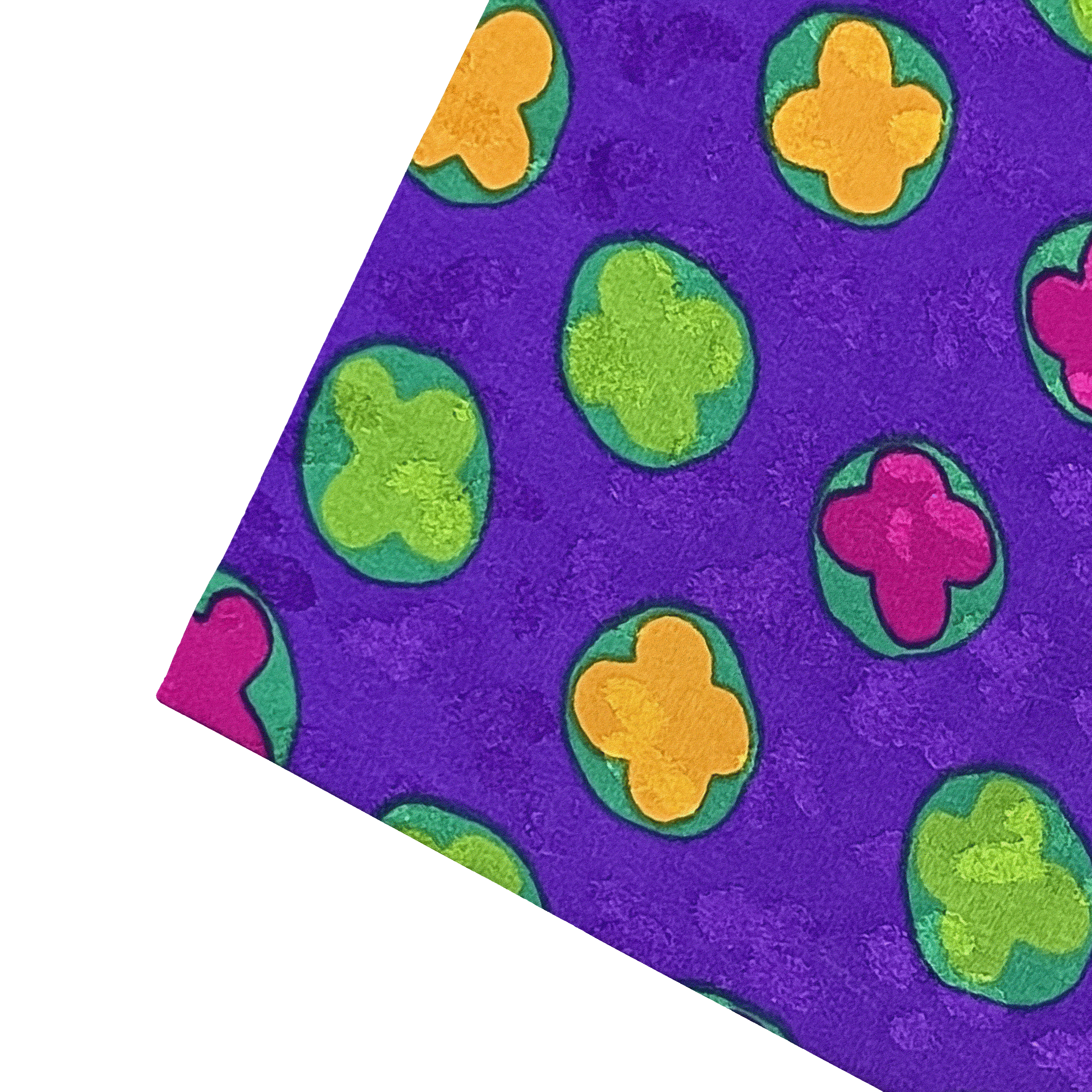 Ziertuch aus Seide, 30 x 30 cm, Stoff: bunte Kleeblattformen auf lila (6705)