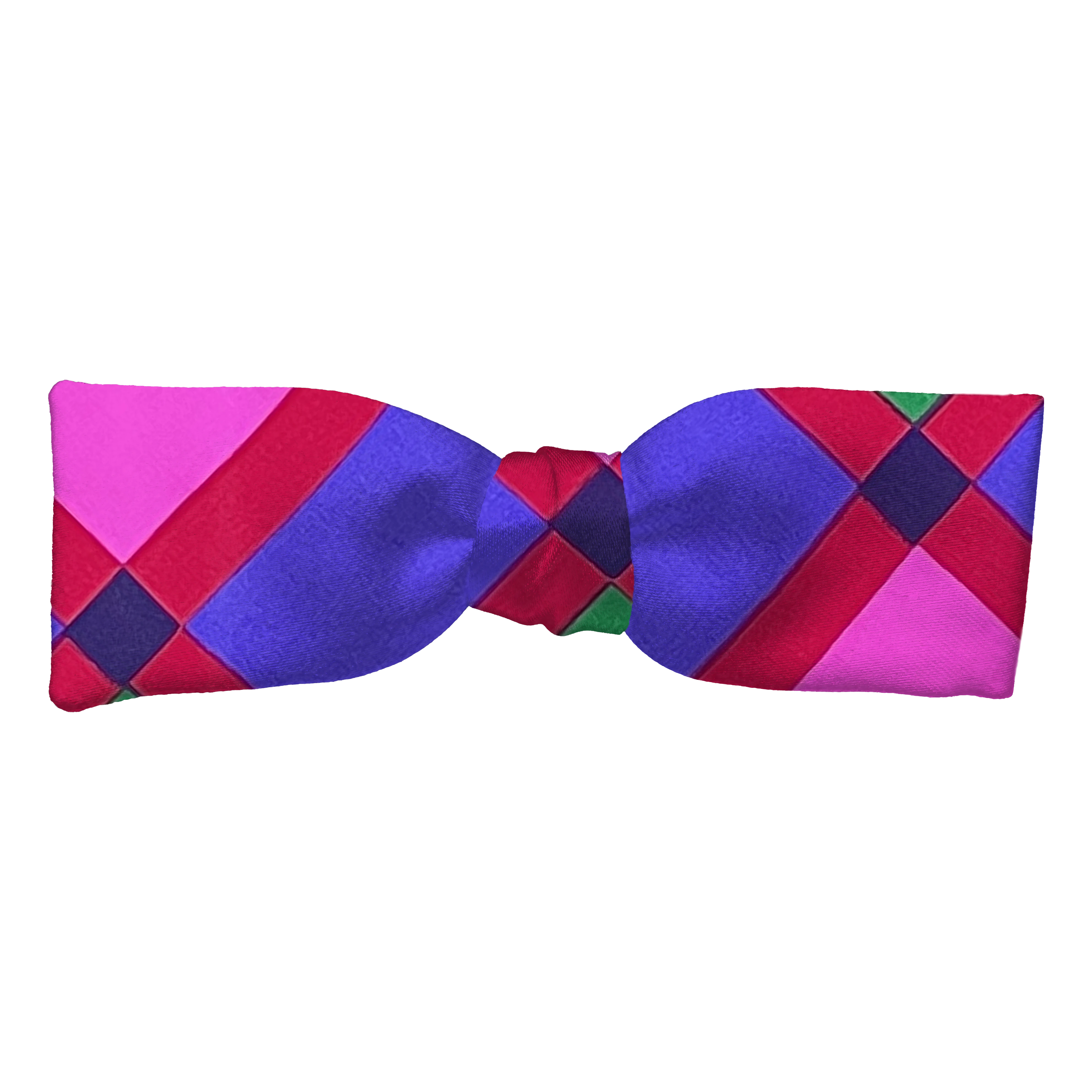 Schleife aus Seide, Form: gerade, Höhe: 35, Stoff: grüne, lila und pinke Quadrate im roten Raster (6327)