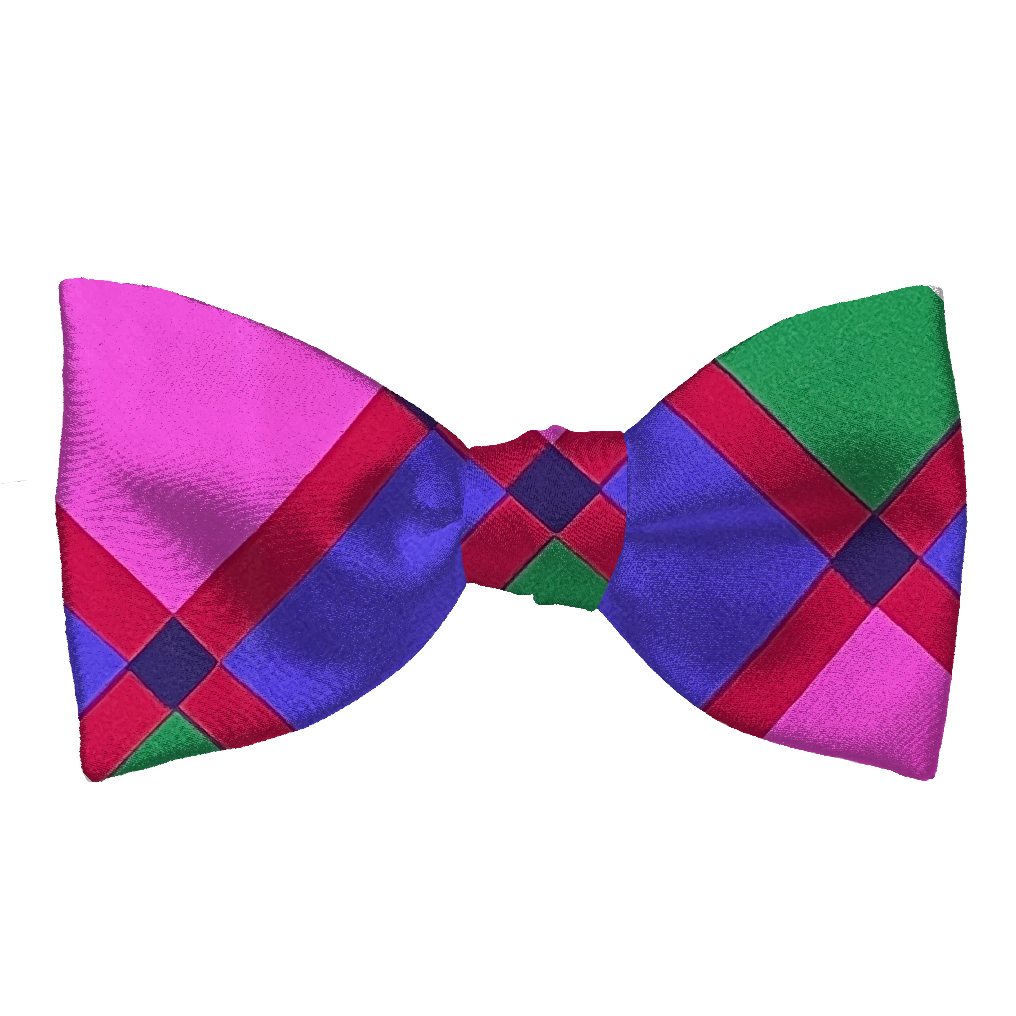 Schleife aus Seide, Form: gerade, Höhe: 65, Stoff: grüne, lila und pinke Quadrate im roten Raster (6327)