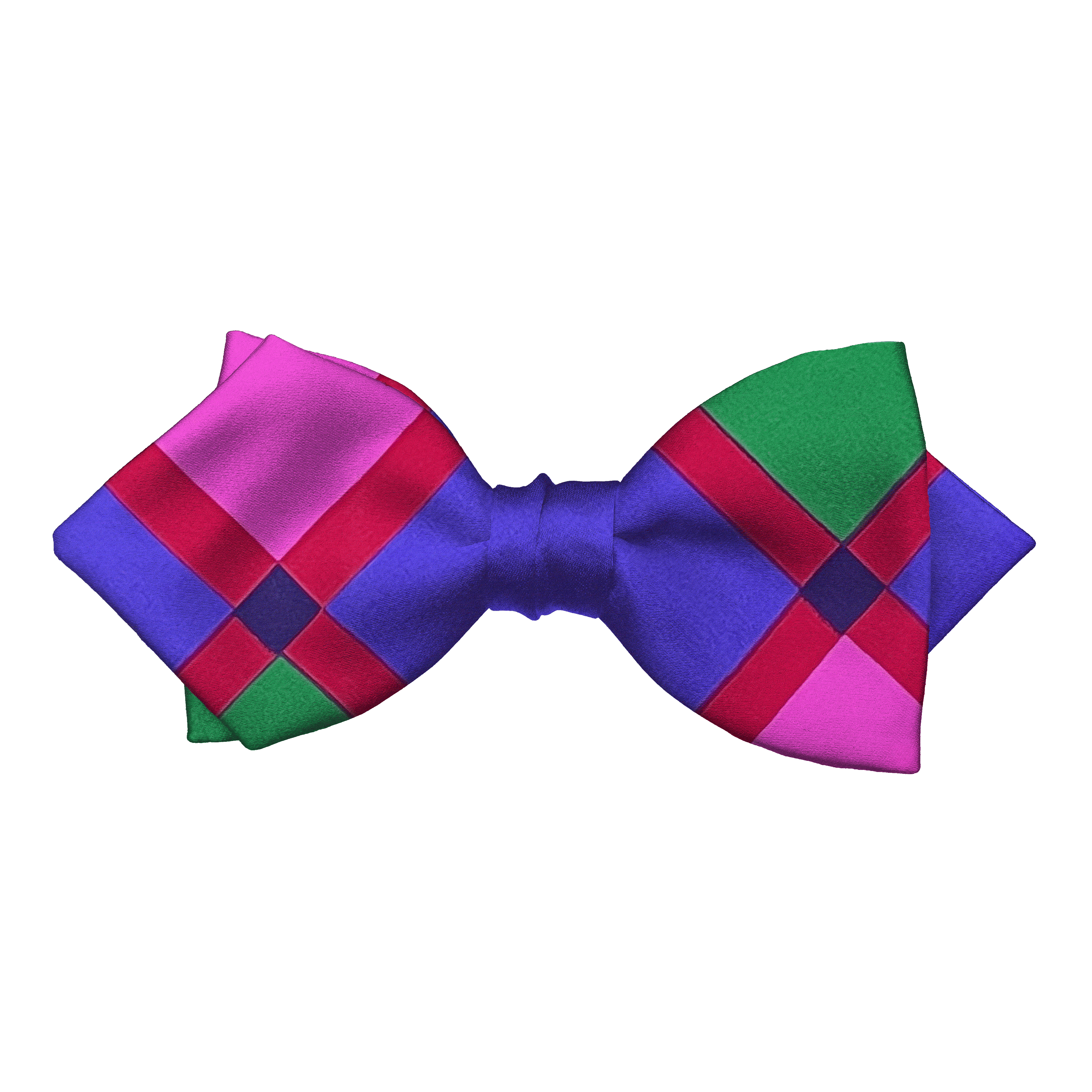 Schleife aus Seide, Form: spitz, Höhe: 60, Stoff: grüne, lila und pinke Quadrate im roten Raster (6327)