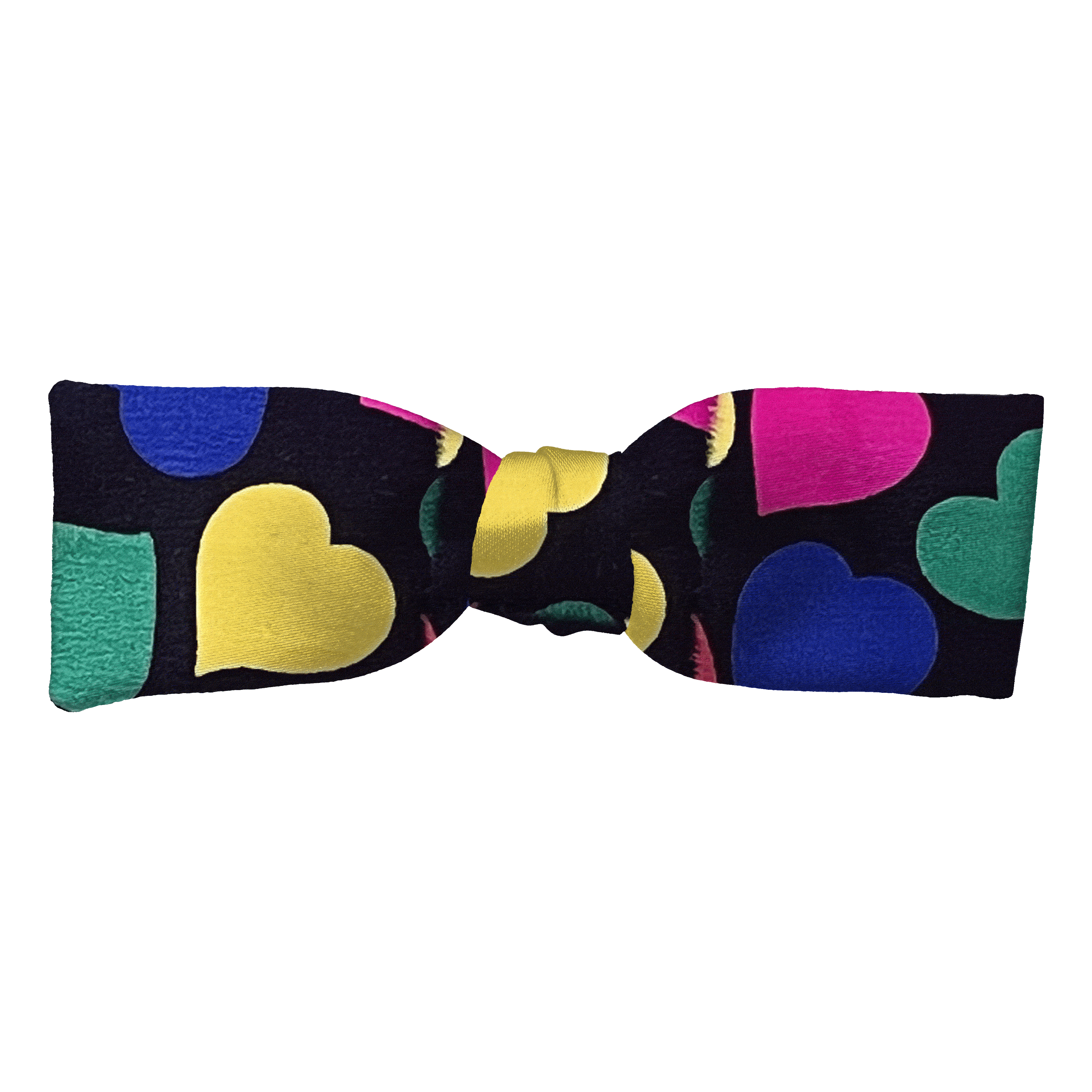 Schleife aus Seide, Form: gerade, Höhe: 35, Stoff: bunte Herzchen auf schwarz (7298)