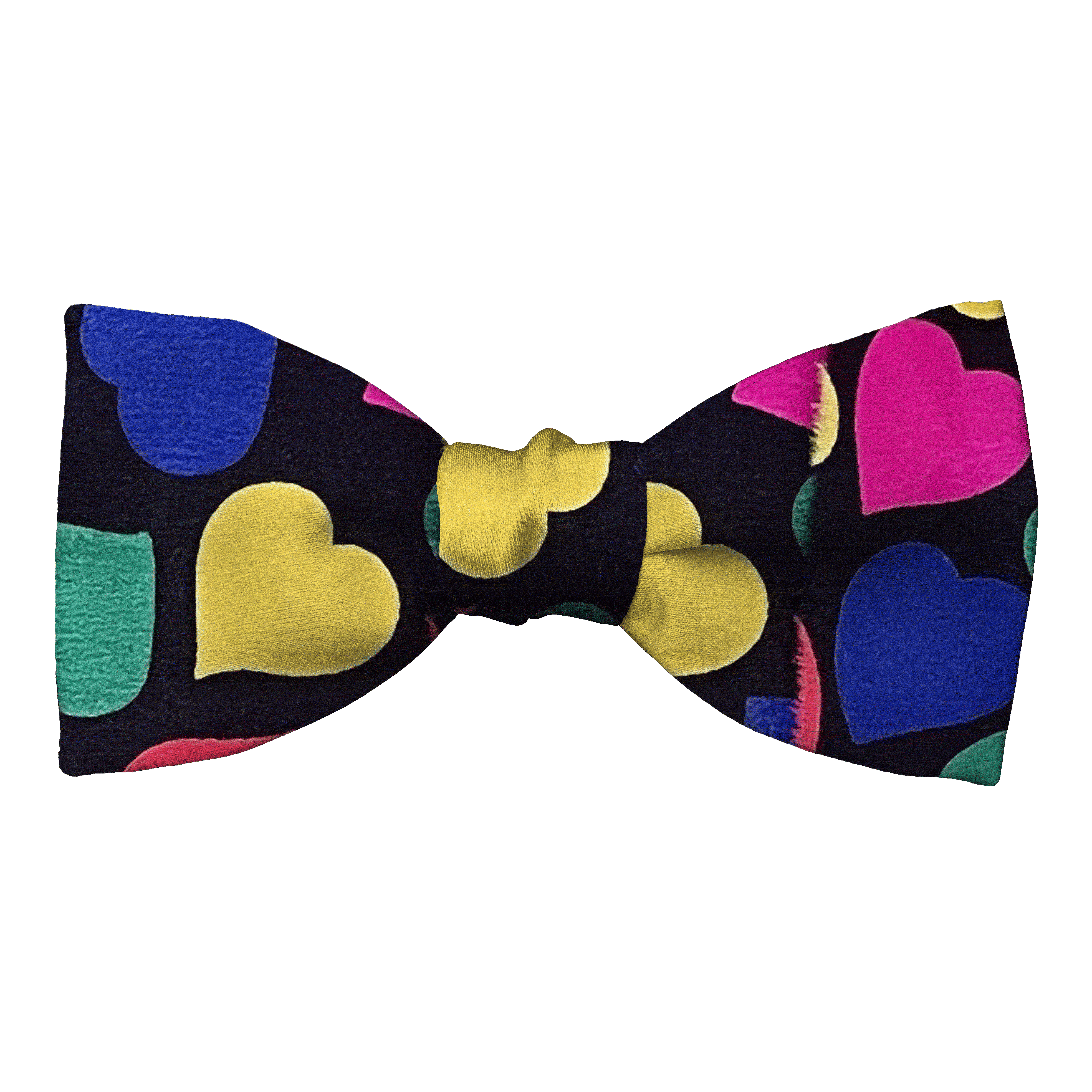 Schleife aus Seide, Form: gerade, Höhe: 50, Stoff: bunte Herzchen auf schwarz (7298)