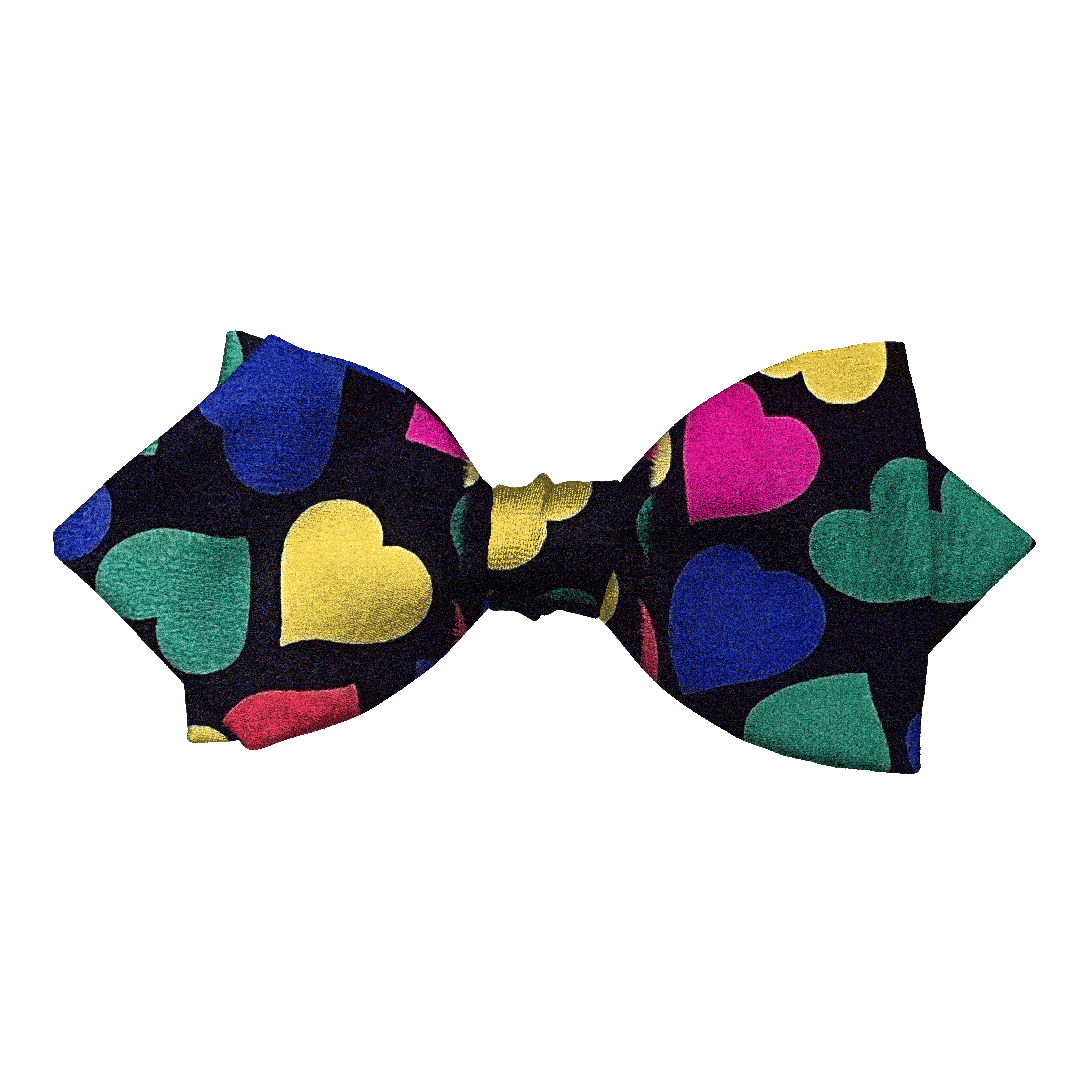 Schleife aus Seide, Form: spitz, Höhe: 60, Stoff: bunte Herzchen auf schwarz (7298)
