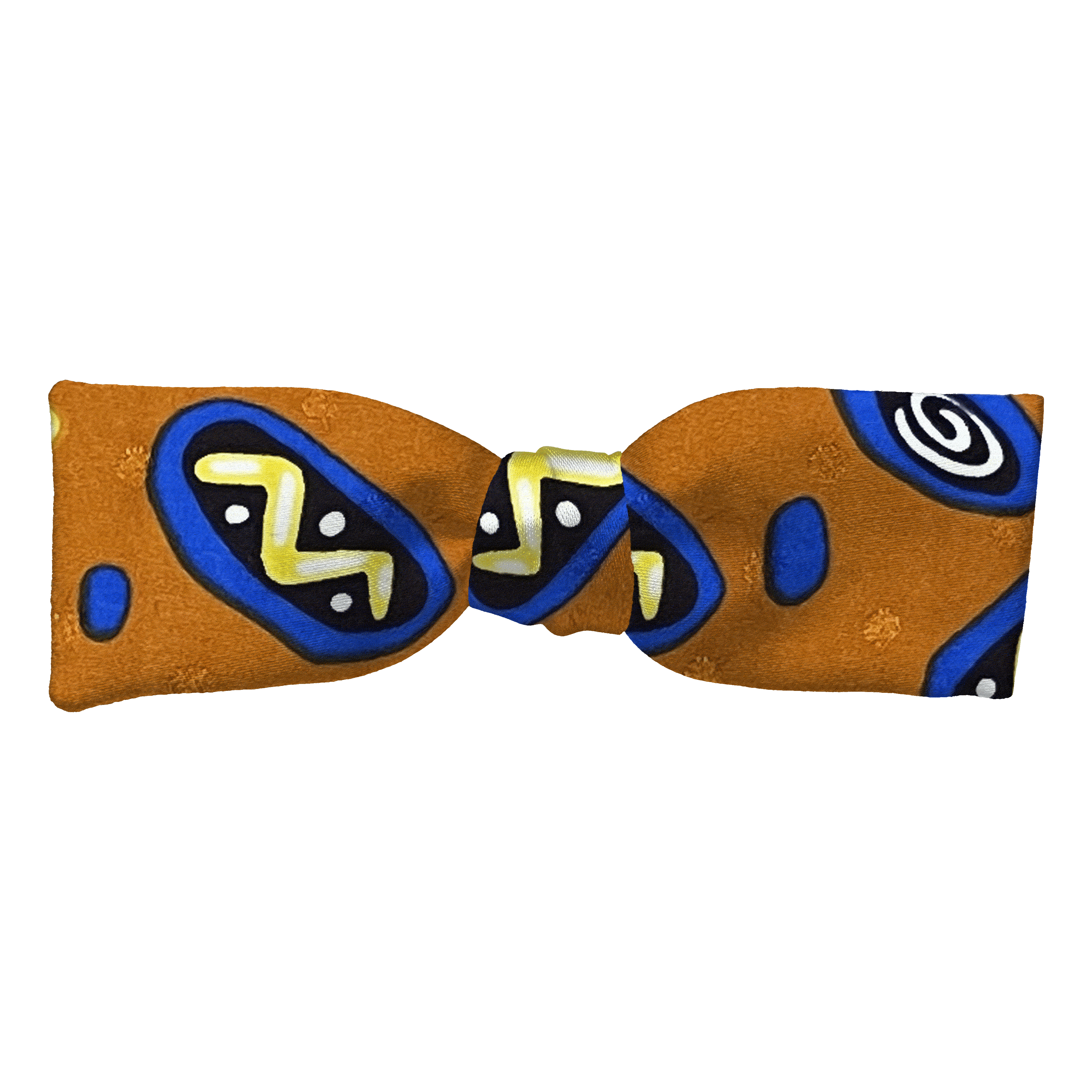 Schleife aus Seide, Form: gerade, Höhe: 35, Stoff: Phantasiemuster in gelb, schwarz und blau auf ocker (6055)